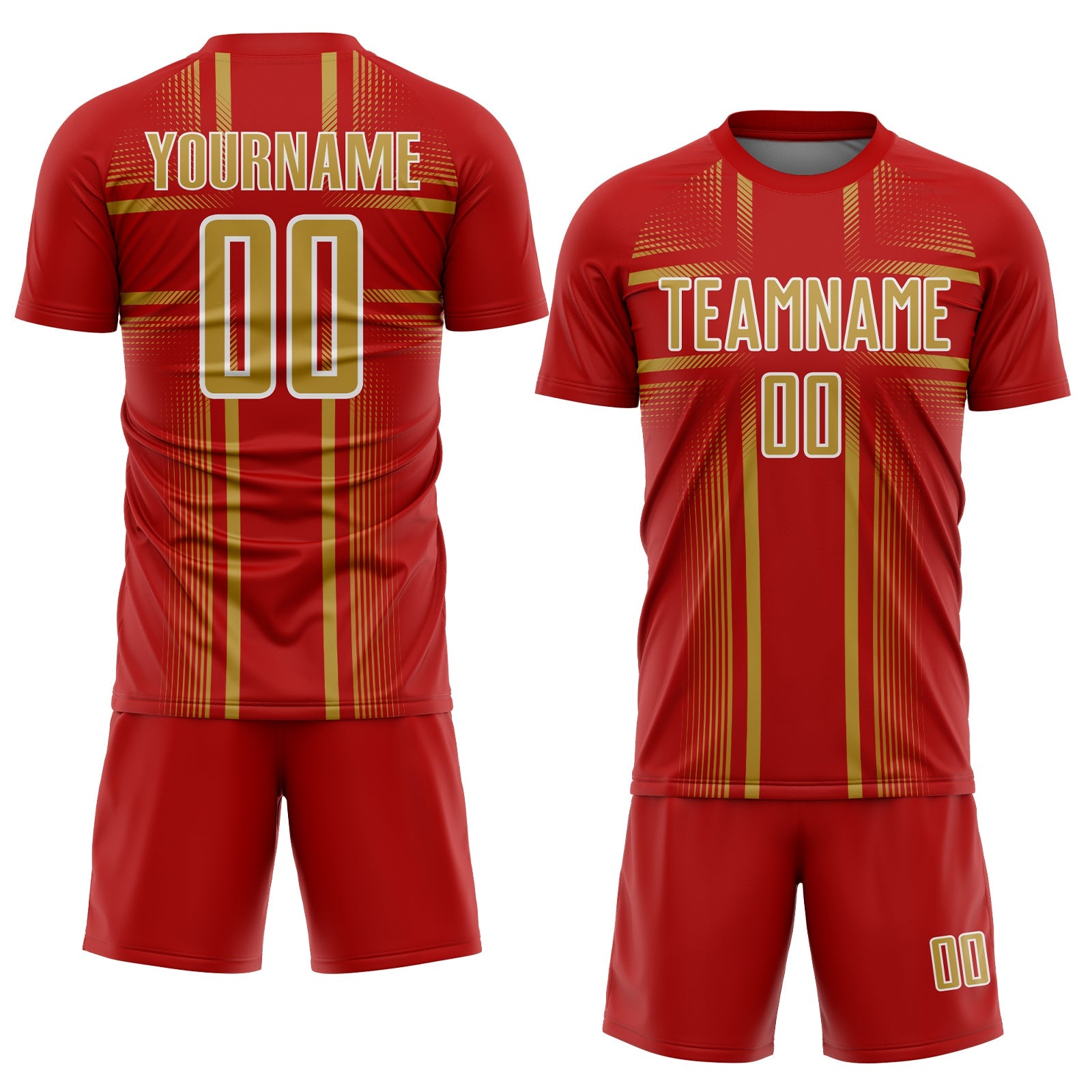 Custom Red Old Gold-White Lines Sublimation Soccer Uniform Jersey view 2