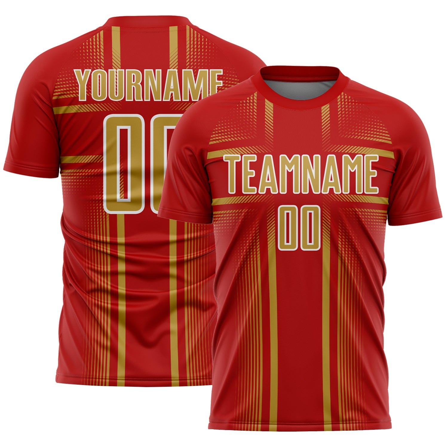 Custom Red Old Gold-White Lines Sublimation Soccer Uniform Jersey - Main View