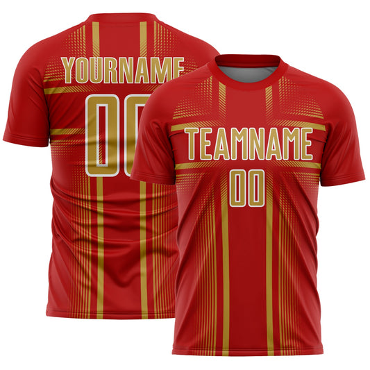 Custom Red Old Gold-White Lines Sublimation Soccer Uniform Jersey - Main View
