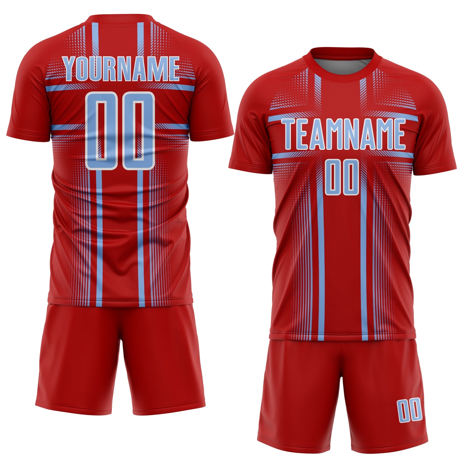 Custom Red Light Blue-White Lines Sublimation Soccer Uniform Jersey view 2