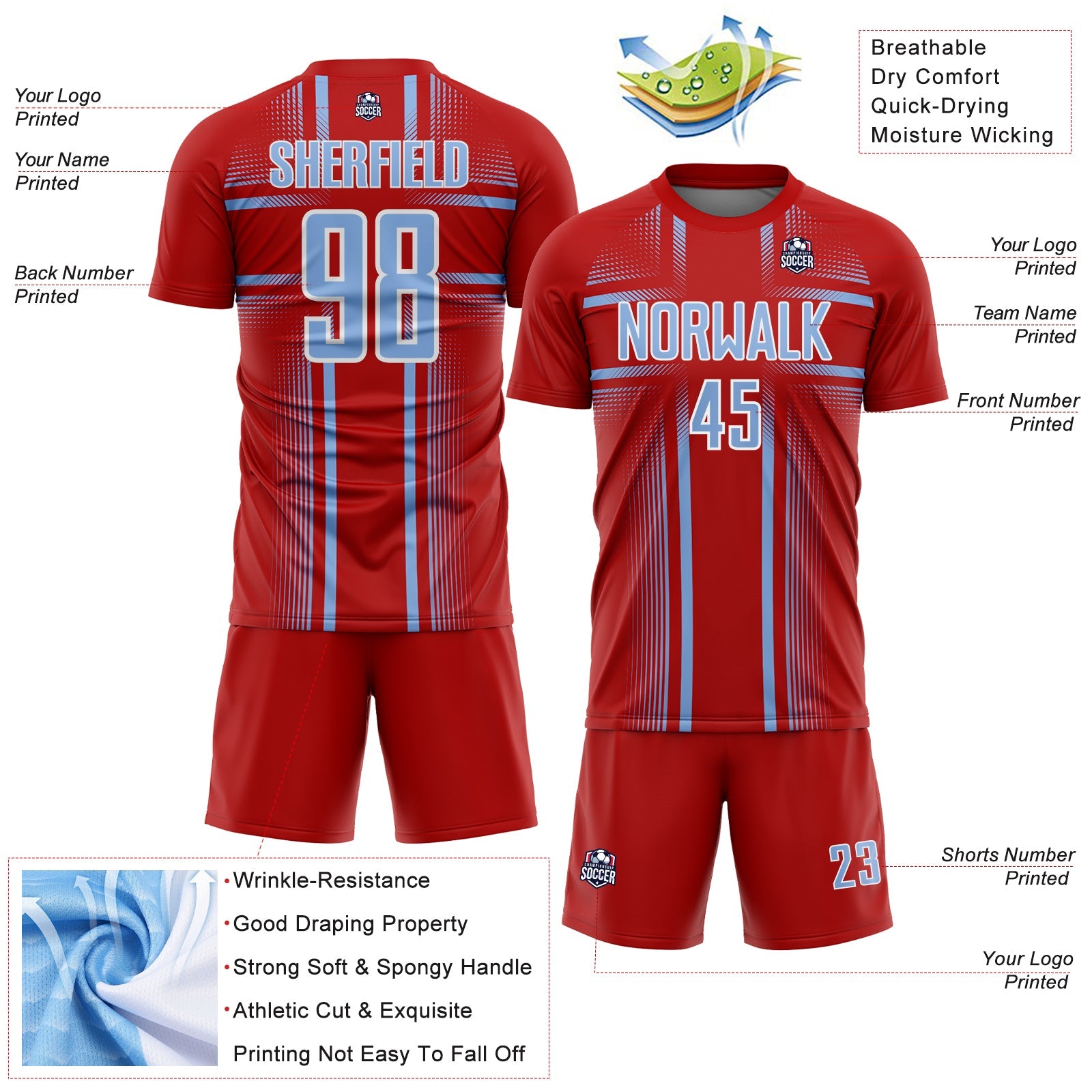 Custom Red Light Blue-White Lines Sublimation Soccer Uniform Jersey view 4