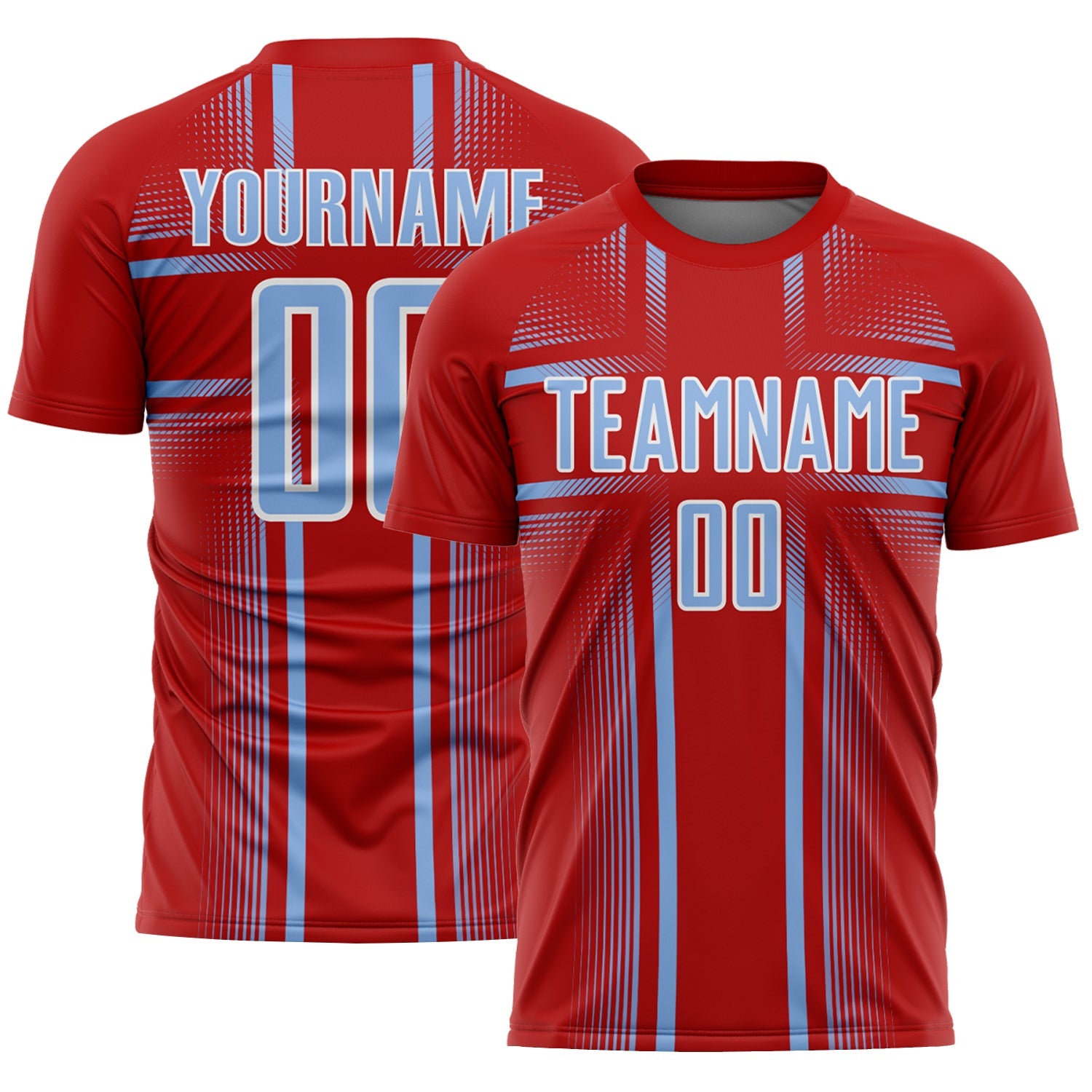 Custom Red Light Blue-White Lines Sublimation Soccer Uniform Jersey - Main View