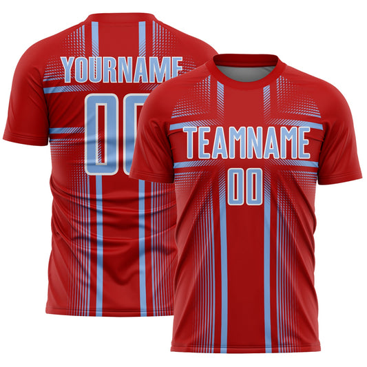 Custom Red Light Blue-White Lines Sublimation Soccer Uniform Jersey - Main View