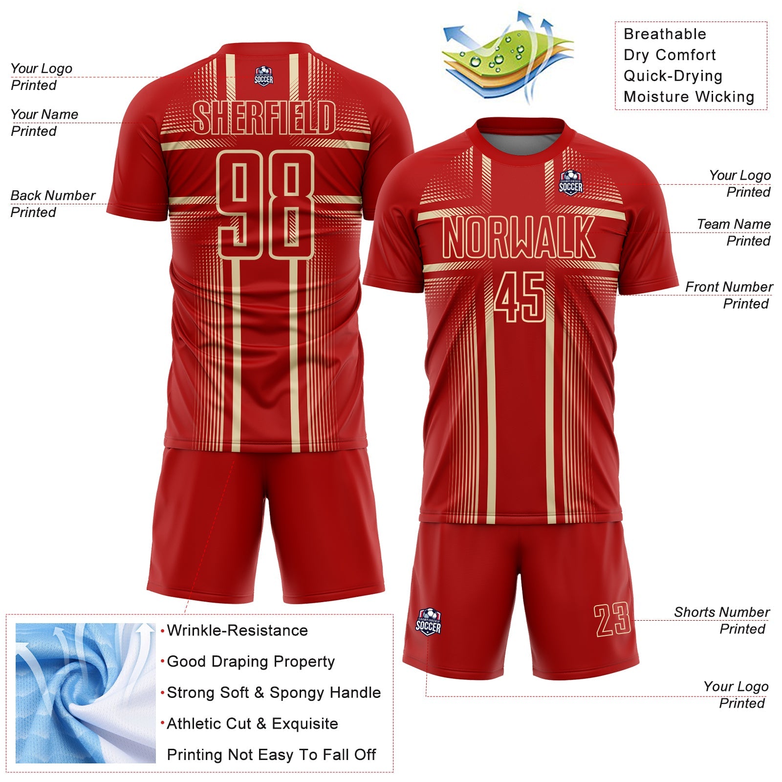 Custom Red Cream Lines Sublimation Soccer Uniform Jersey view 4