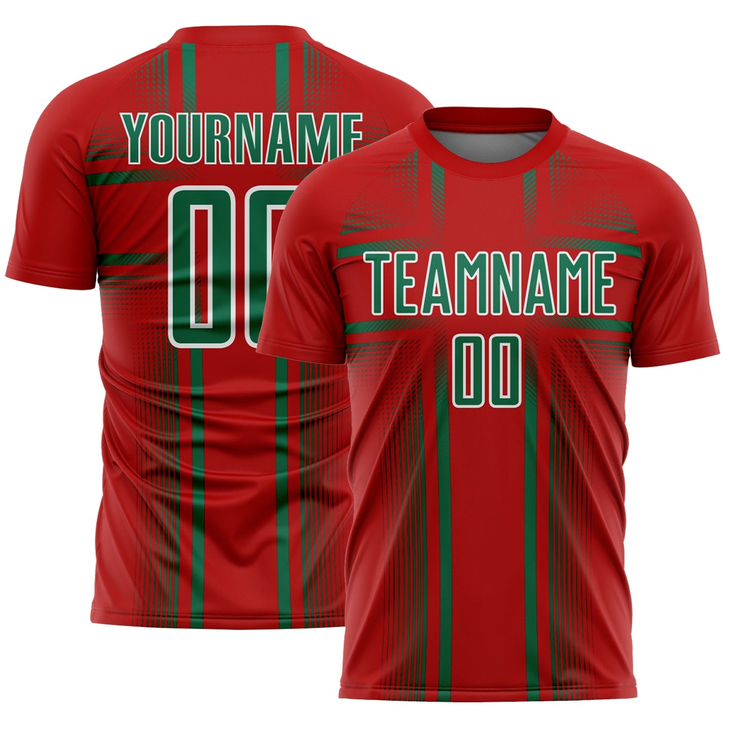 Custom Red Kelly Green-White Lines Sublimation Soccer Uniform Jersey - Main View