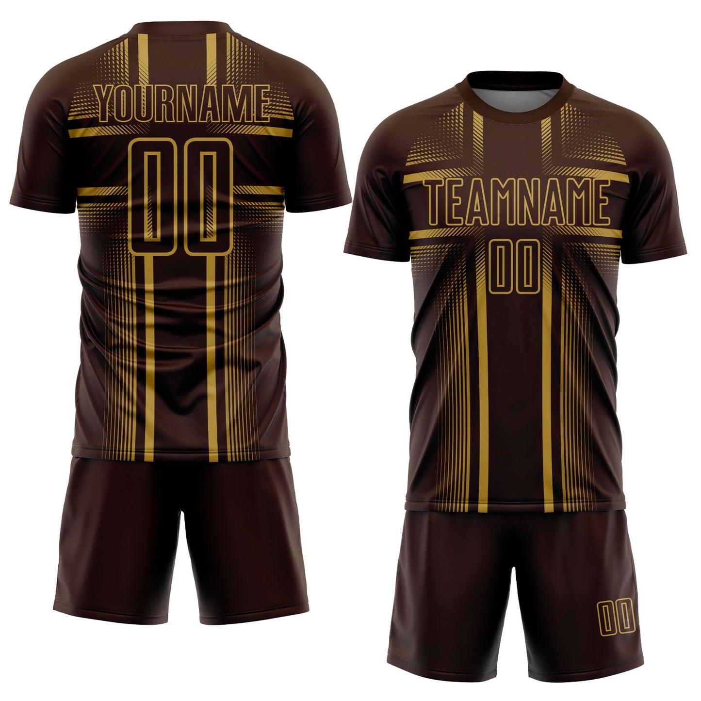 Custom Brown Old Gold Lines Sublimation Soccer Uniform Jersey view 2