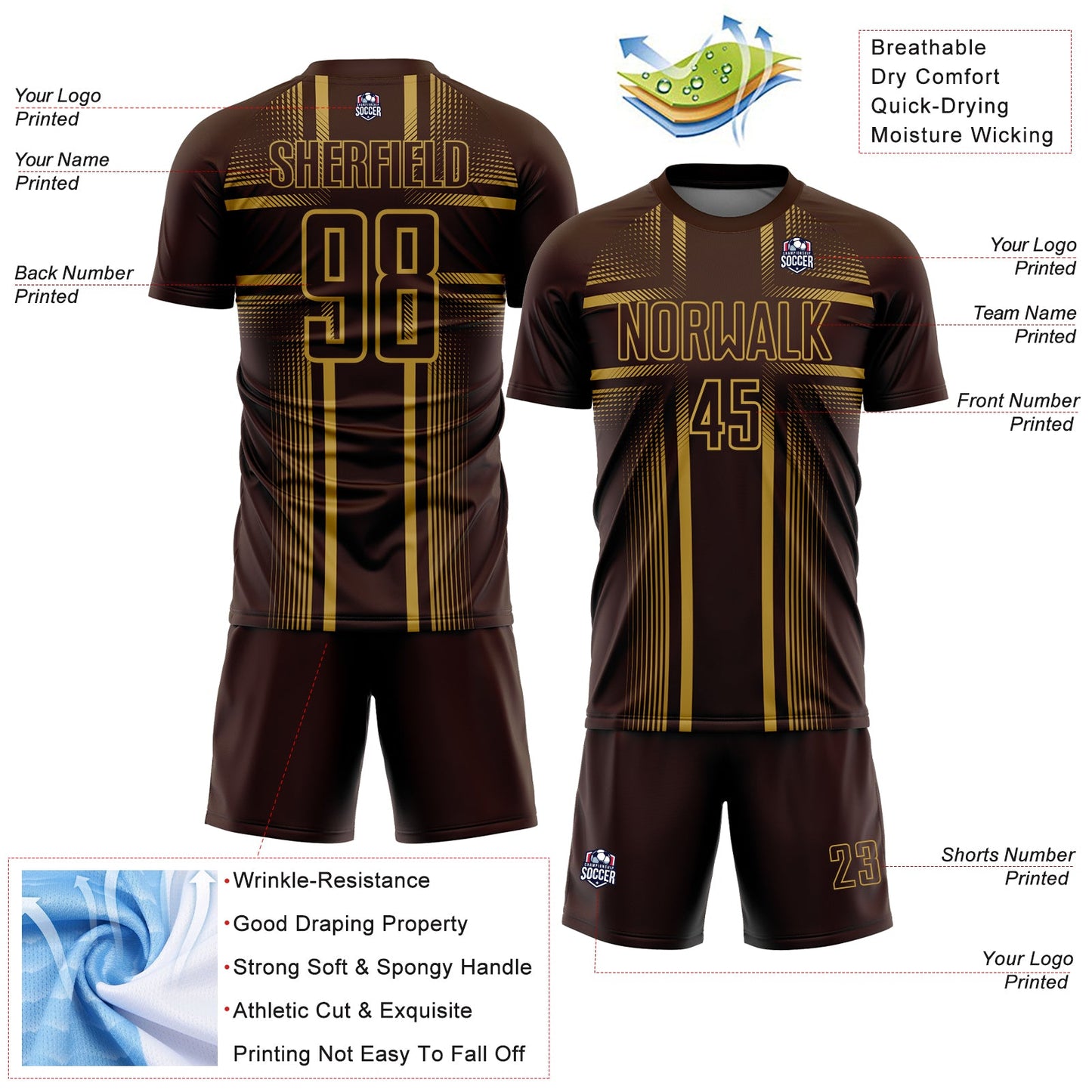 Custom Brown Old Gold Lines Sublimation Soccer Uniform Jersey view 4