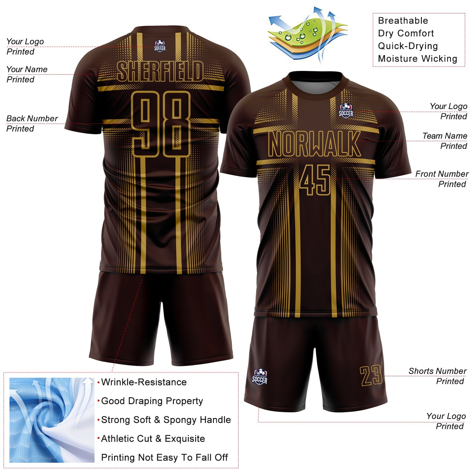 Custom Brown Old Gold Lines Sublimation Soccer Uniform Jersey view 4