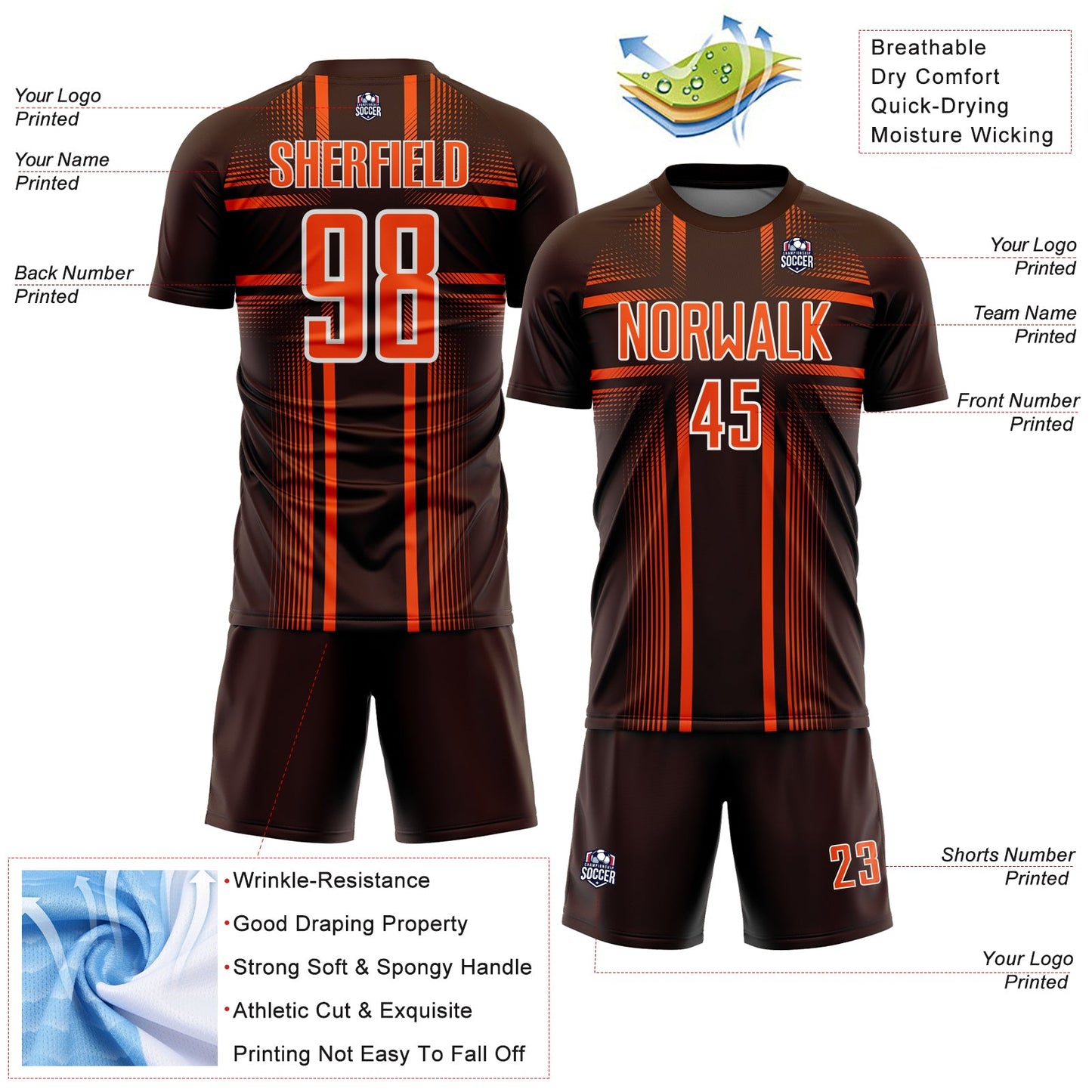 Custom Brown Orange-White Lines Sublimation Soccer Uniform Jersey view 4