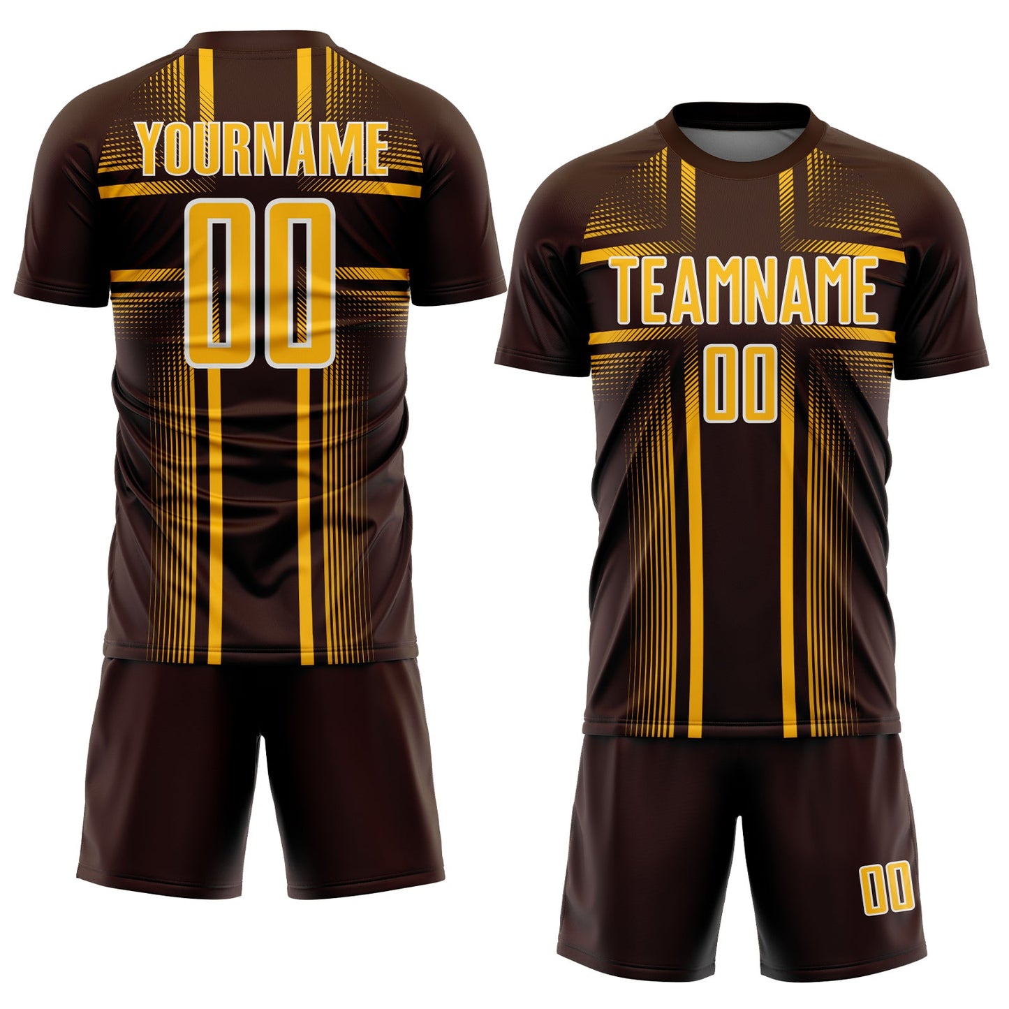 Custom Brown Gold-White Lines Sublimation Soccer Uniform Jersey view 2