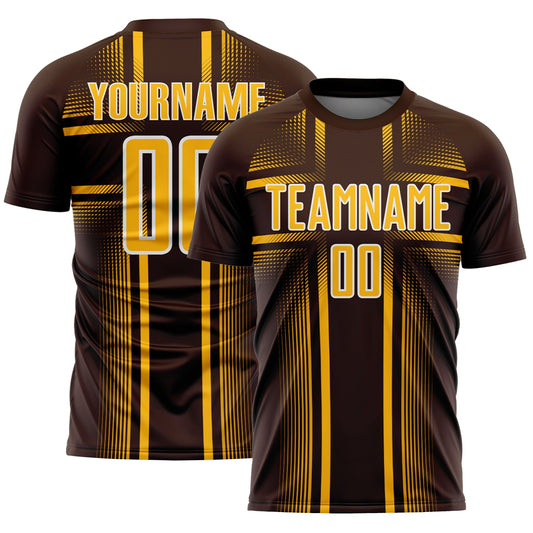 Custom Brown Gold-White Lines Sublimation Soccer Uniform Jersey - Main View