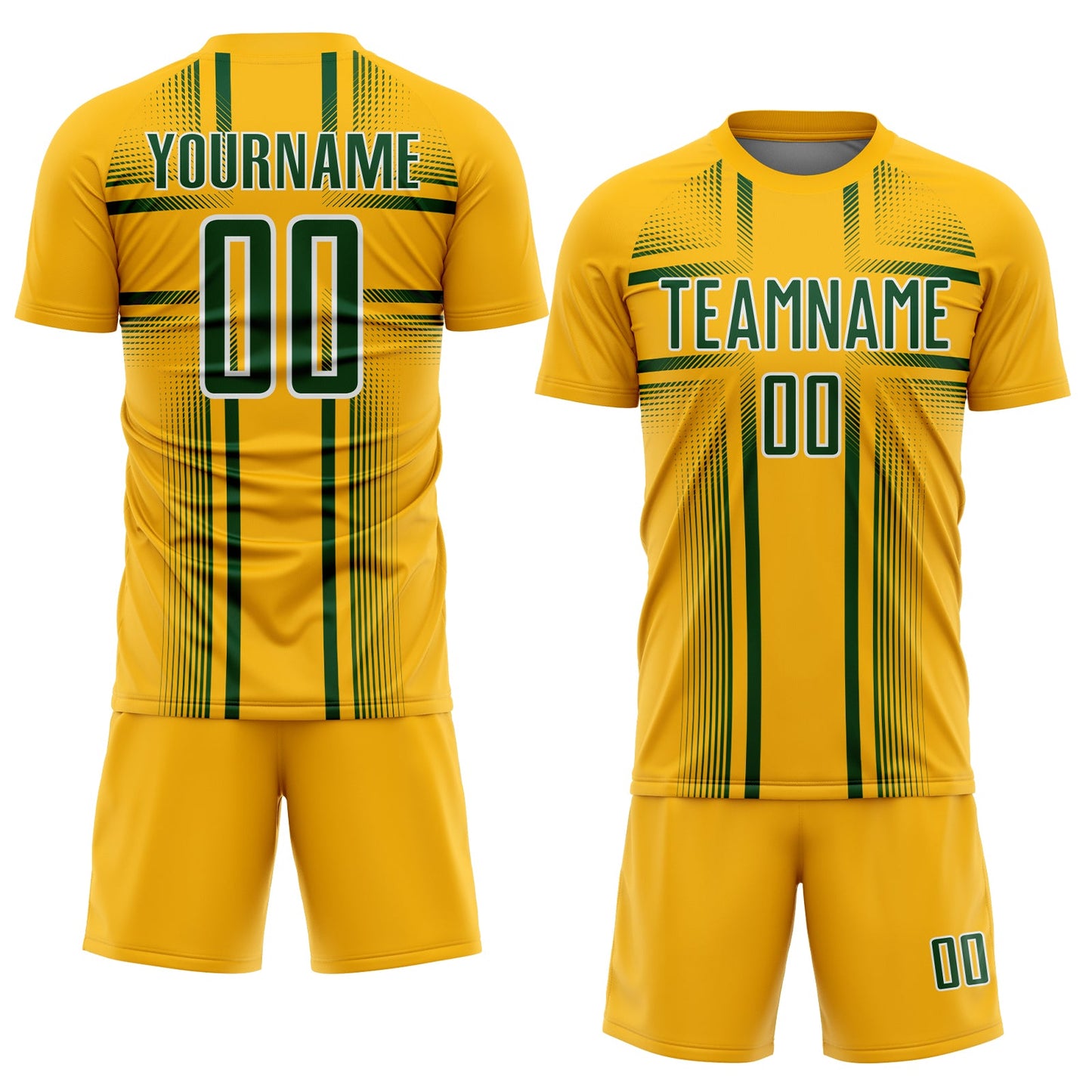 Custom Gold Green-White Lines Sublimation Soccer Uniform Jersey view 2