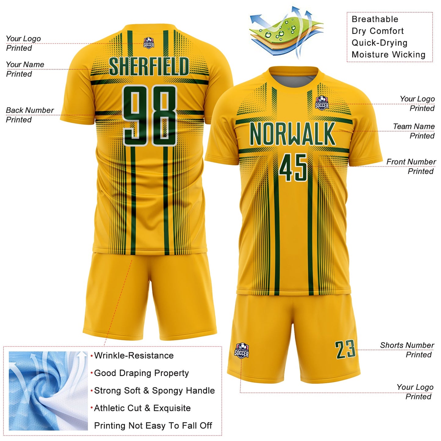 Custom Gold Green-White Lines Sublimation Soccer Uniform Jersey view 4