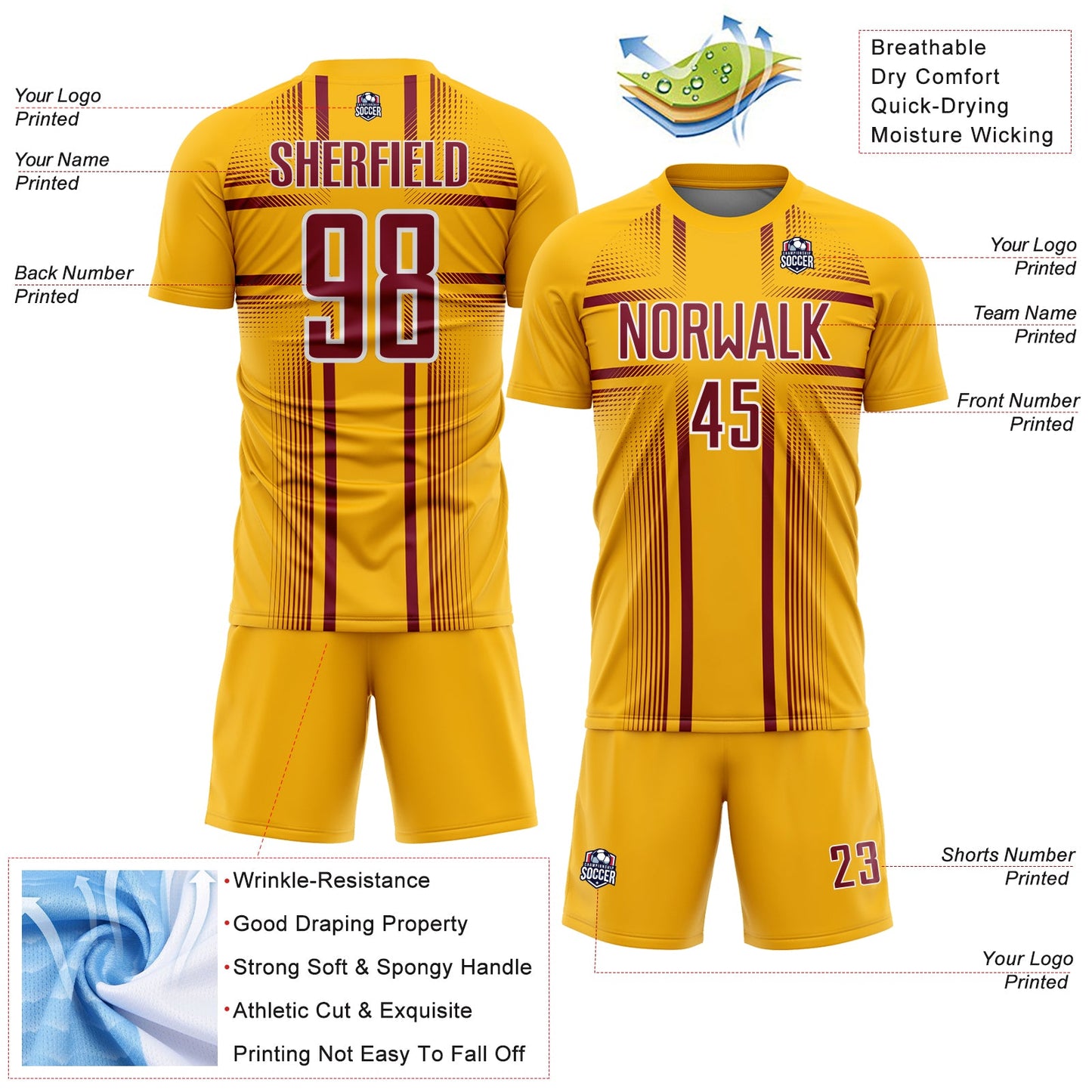 Custom Gold Crimson-White Lines Sublimation Soccer Uniform Jersey view 4