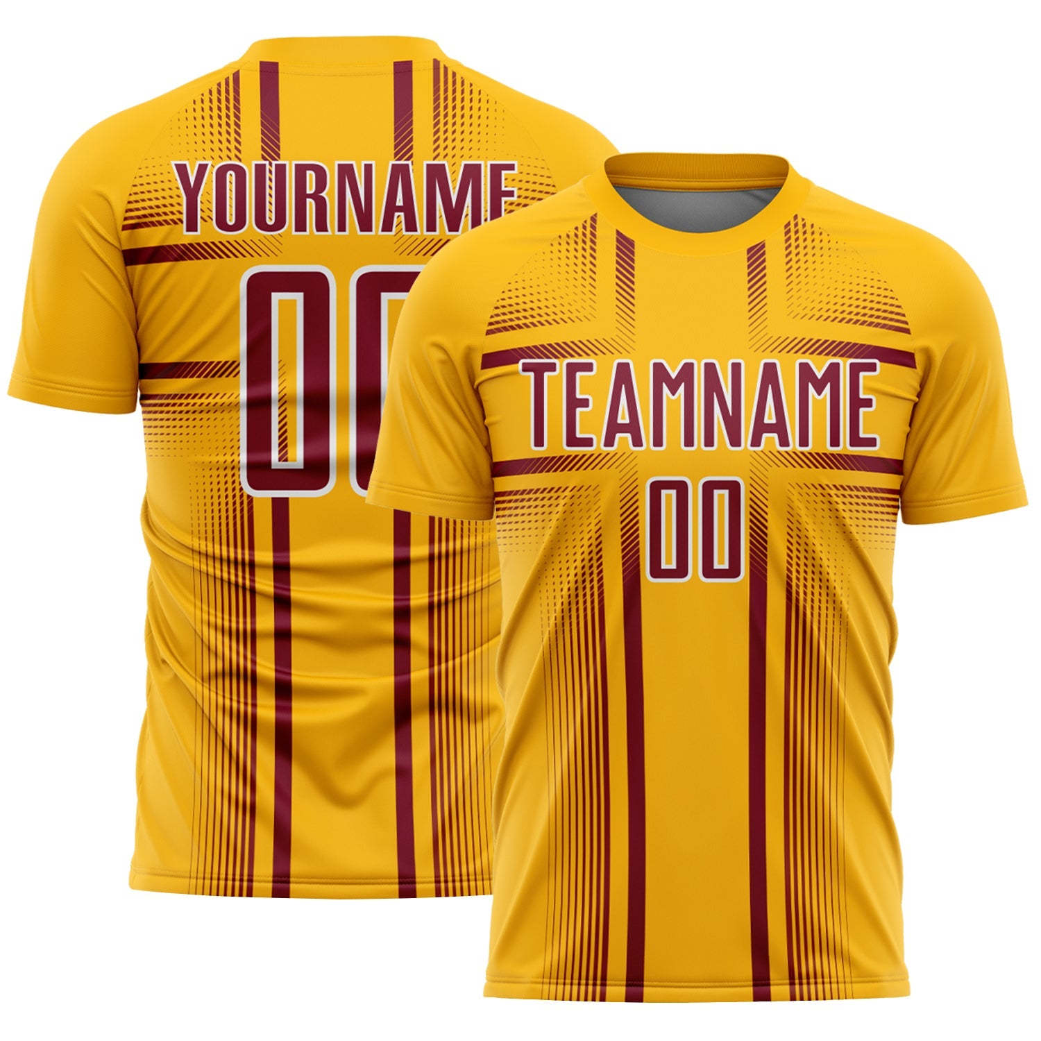 Custom Gold Crimson-White Lines Sublimation Soccer Uniform Jersey - Main View