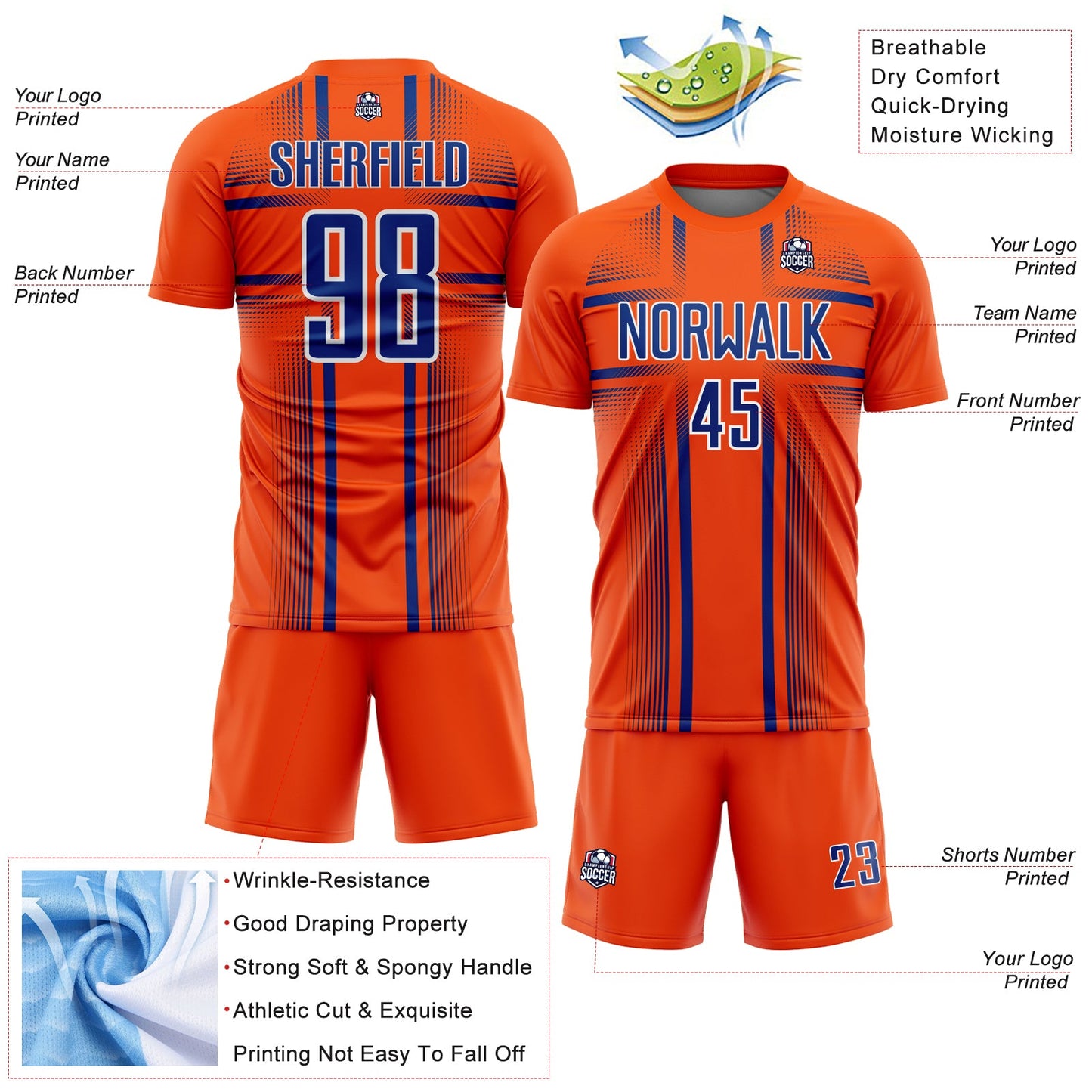 Custom Orange Royal-White Lines Sublimation Soccer Uniform Jersey view 4