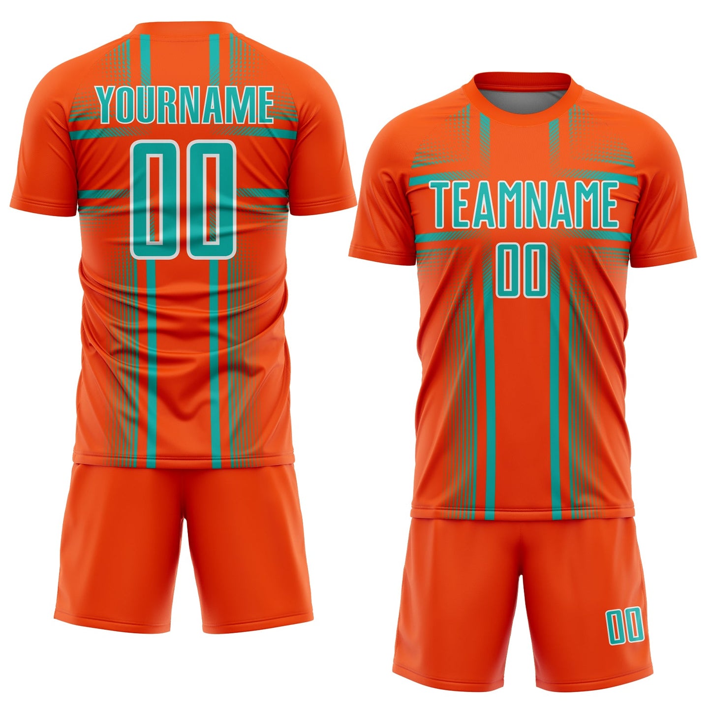 Custom Orange Aqua-White Lines Sublimation Soccer Uniform Jersey view 2