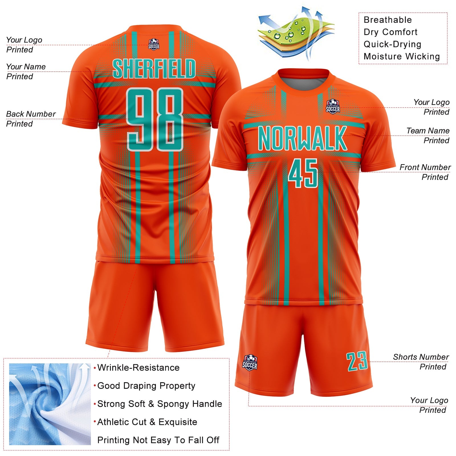 Custom Orange Aqua-White Lines Sublimation Soccer Uniform Jersey view 4