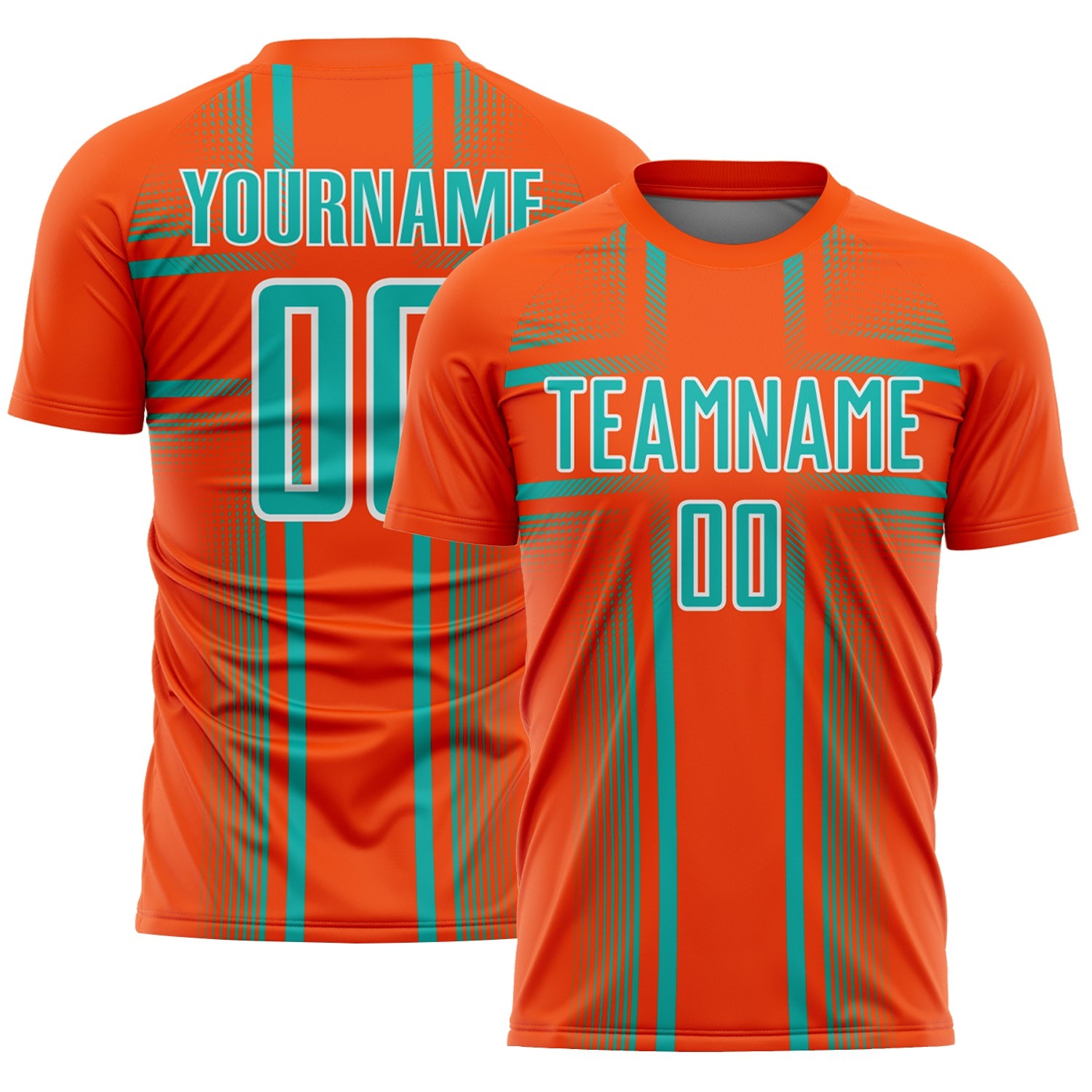Custom Orange Aqua-White Lines Sublimation Soccer Uniform Jersey - Main View