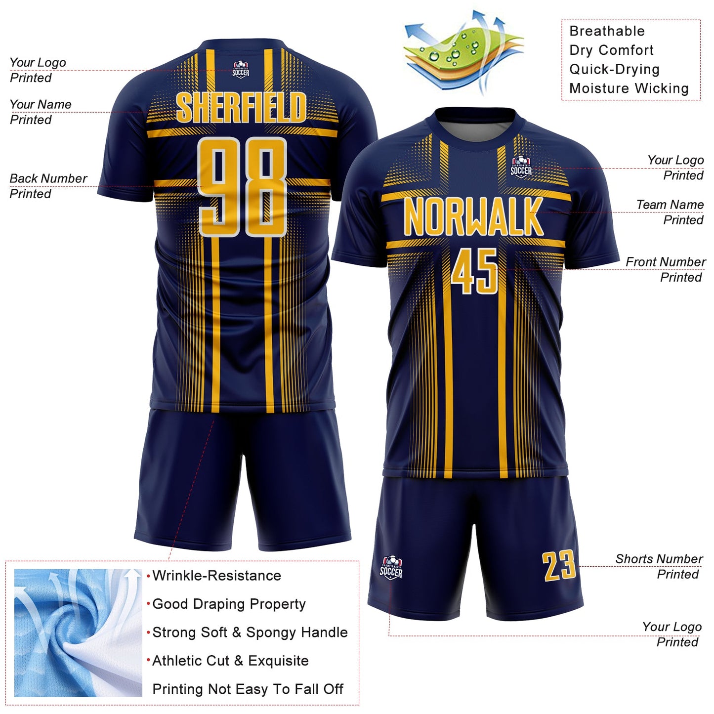 Custom Navy Gold-White Lines Sublimation Soccer Uniform Jersey view 4
