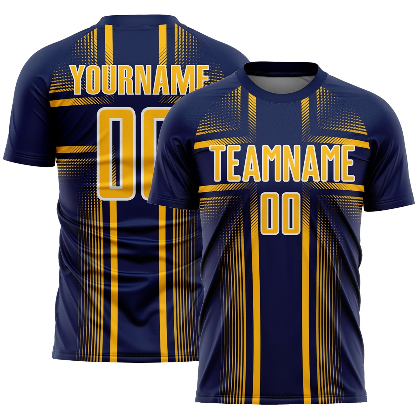 Custom Navy Gold-White Lines Sublimation Soccer Uniform Jersey - Main View