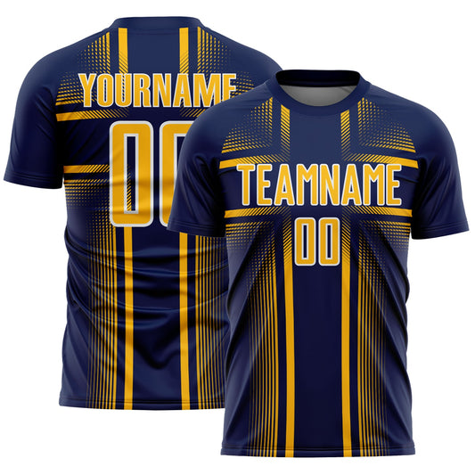 Custom Navy Gold-White Lines Sublimation Soccer Uniform Jersey - Main View