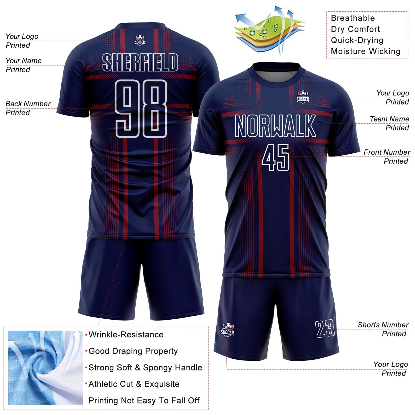 Custom Navy Crimson-White Lines Sublimation Soccer Uniform Jersey view 4