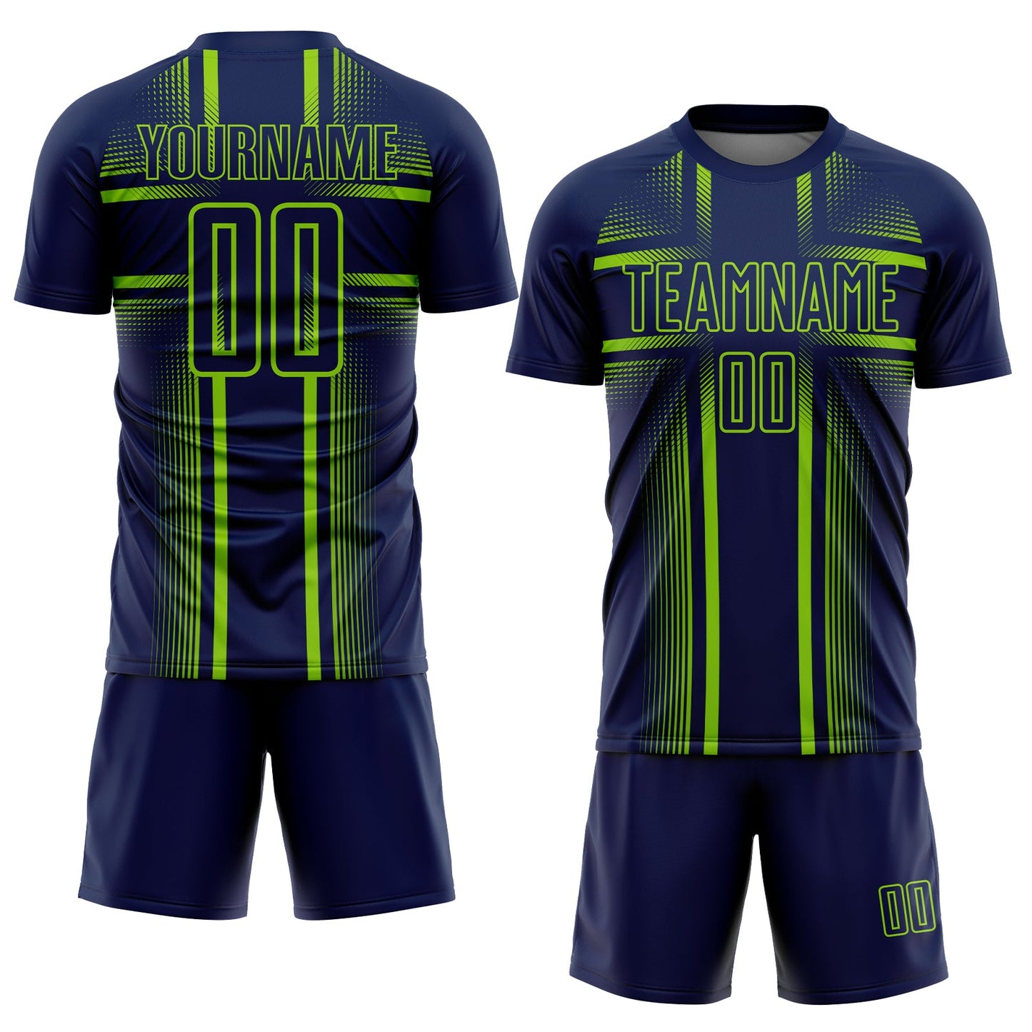 Custom Navy Neon Green-White Lines Sublimation Soccer Uniform Jersey view 2