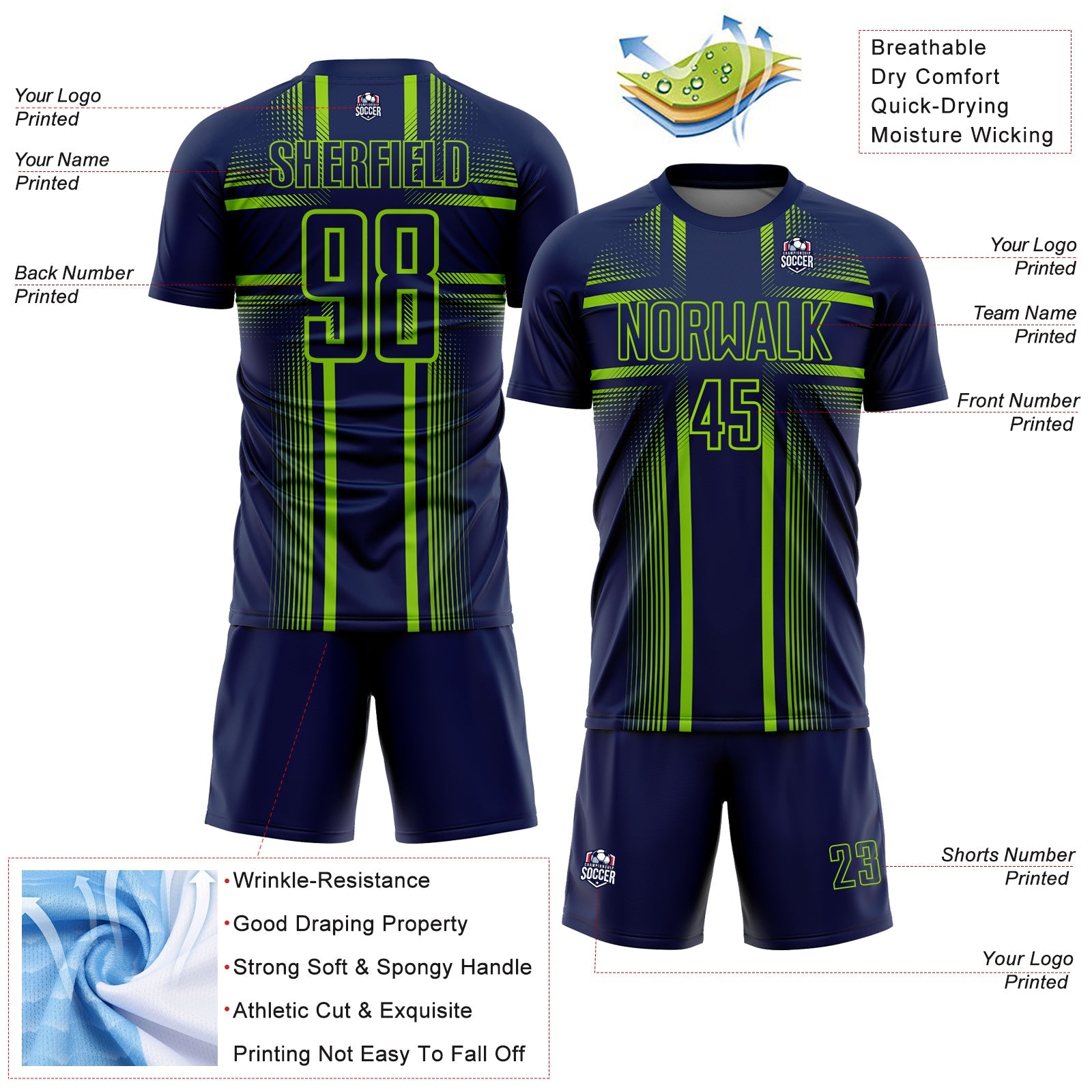 Custom Navy Neon Green-White Lines Sublimation Soccer Uniform Jersey view 4