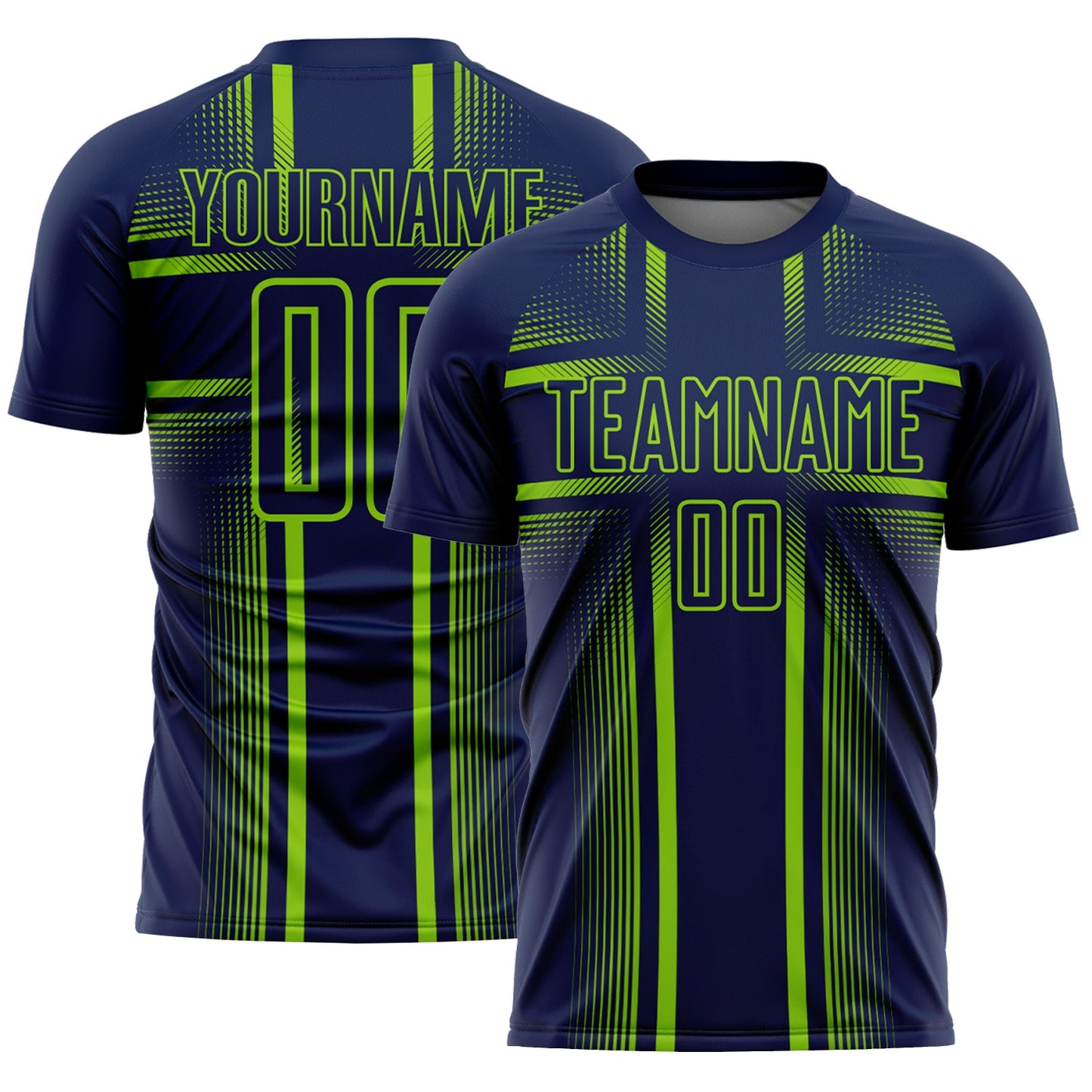 Custom Navy Neon Green-White Lines Sublimation Soccer Uniform Jersey - Main View