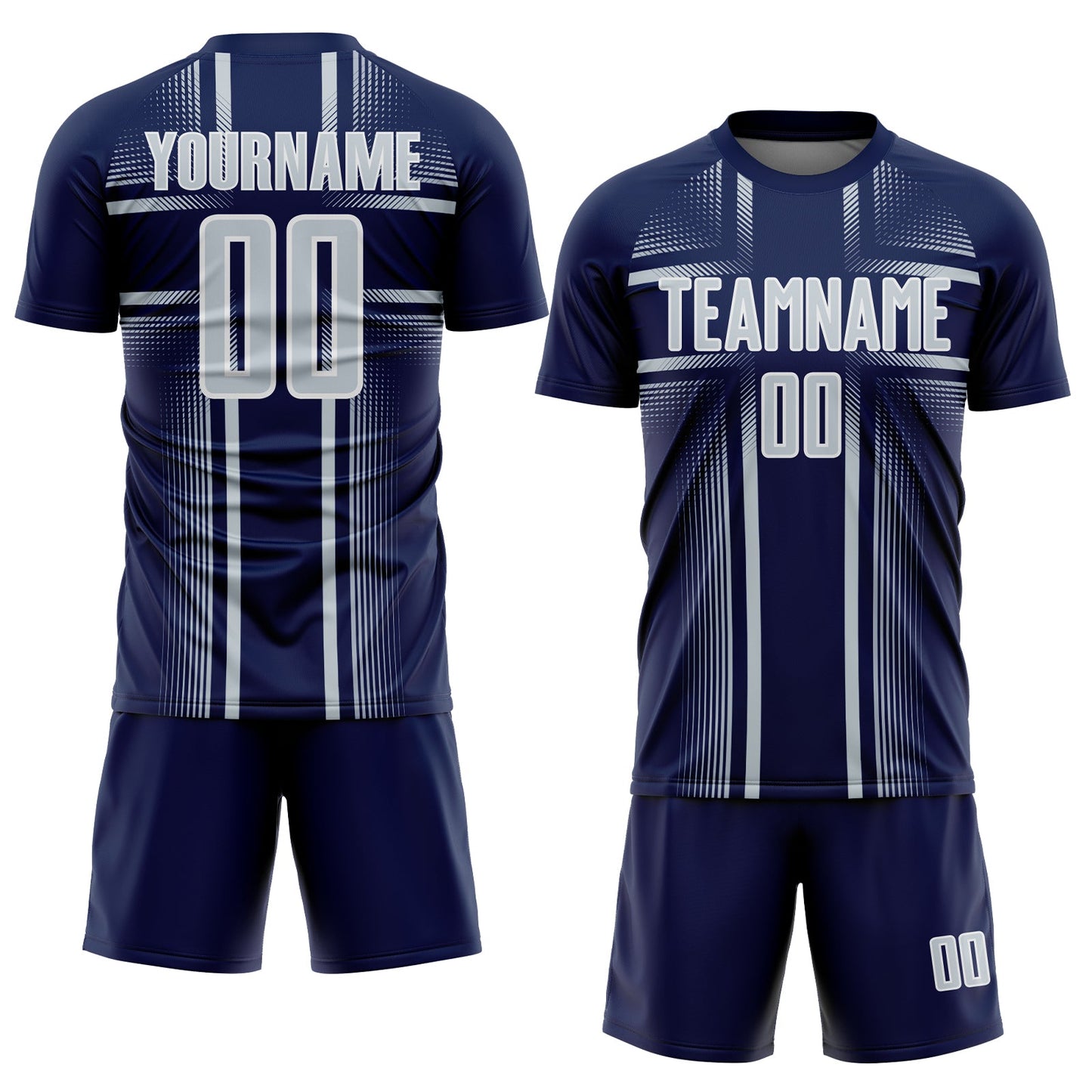 Custom Navy Silver-White Lines Sublimation Soccer Uniform Jersey view 2