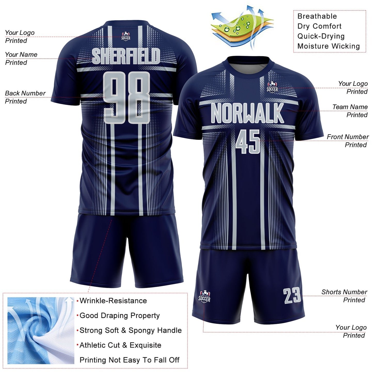 Custom Navy Silver-White Lines Sublimation Soccer Uniform Jersey view 4
