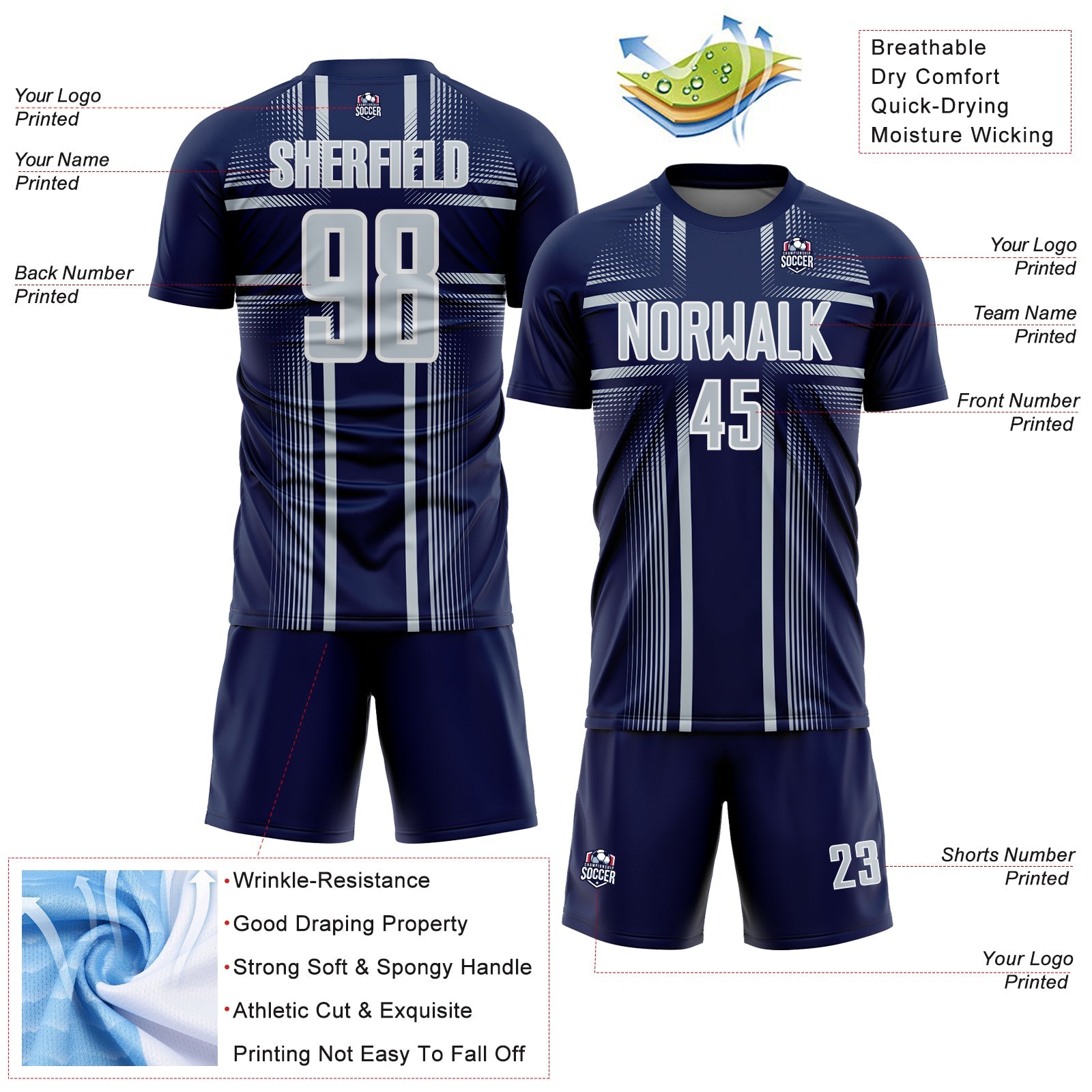 Custom Navy Silver-White Lines Sublimation Soccer Uniform Jersey view 4