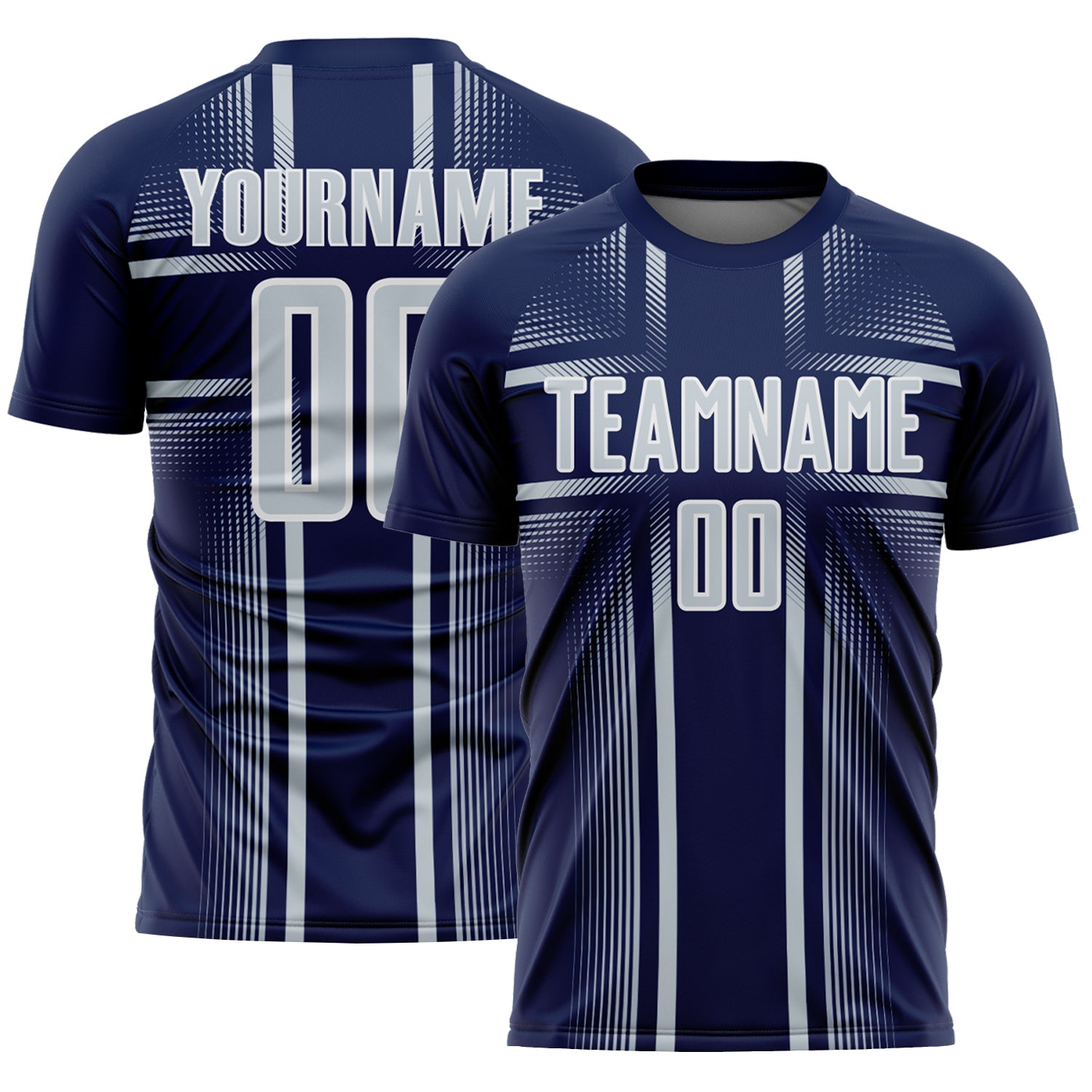 Custom Navy Silver-White Lines Sublimation Soccer Uniform Jersey - Main View