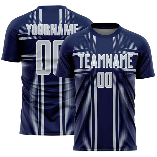 Custom Navy Silver-White Lines Sublimation Soccer Uniform Jersey - Main View
