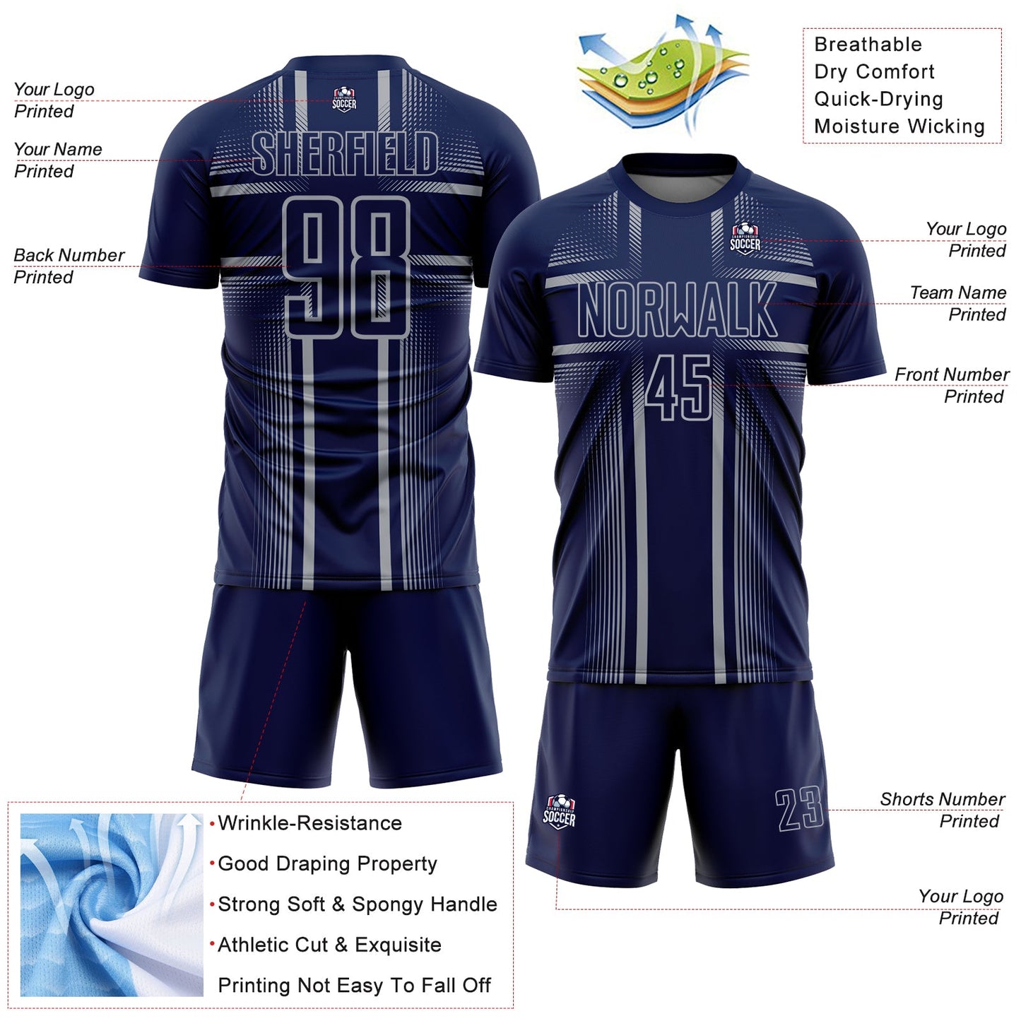 Custom Navy Gray Lines Sublimation Soccer Uniform Jersey view 4