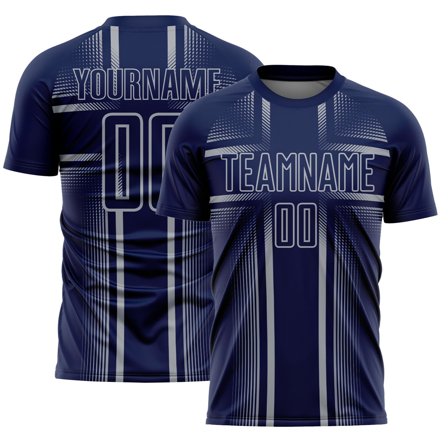 Custom Navy Gray Lines Sublimation Soccer Uniform Jersey - Main View