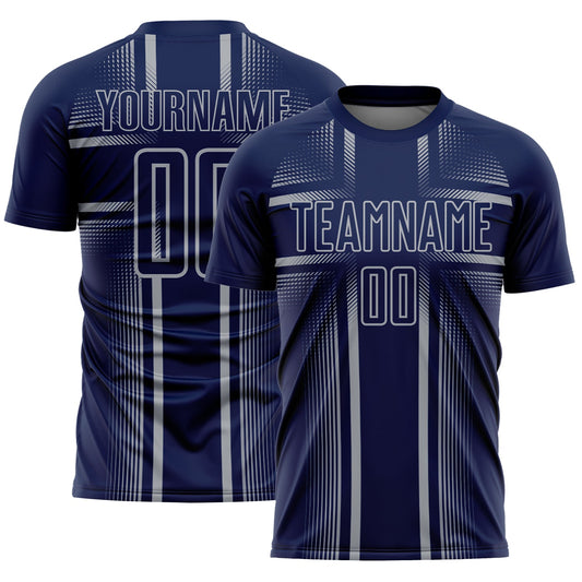 Custom Navy Gray Lines Sublimation Soccer Uniform Jersey - Main View