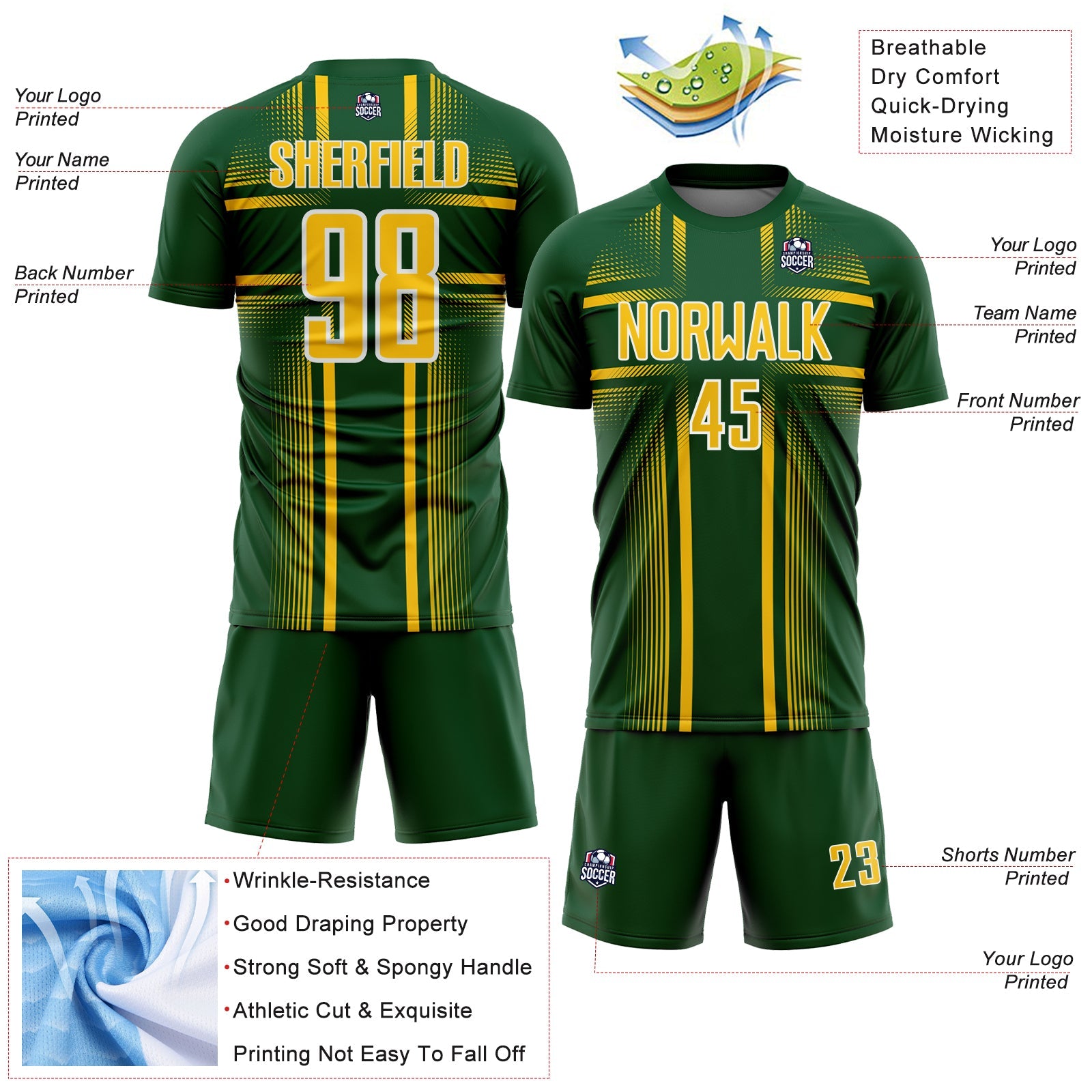 Custom Green Yellow-White Lines Sublimation Soccer Uniform Jersey view 4