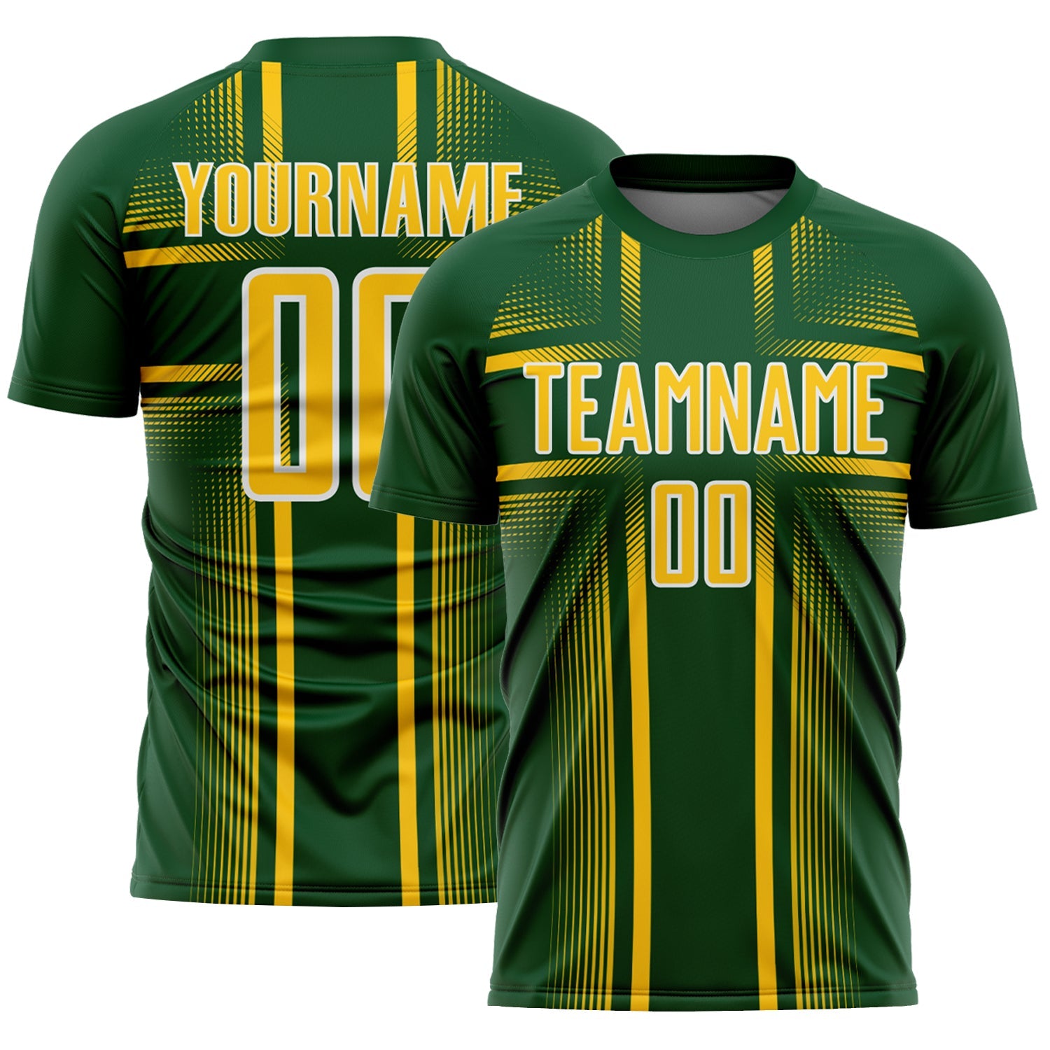 Custom Green Yellow-White Lines Sublimation Soccer Uniform Jersey - Main View