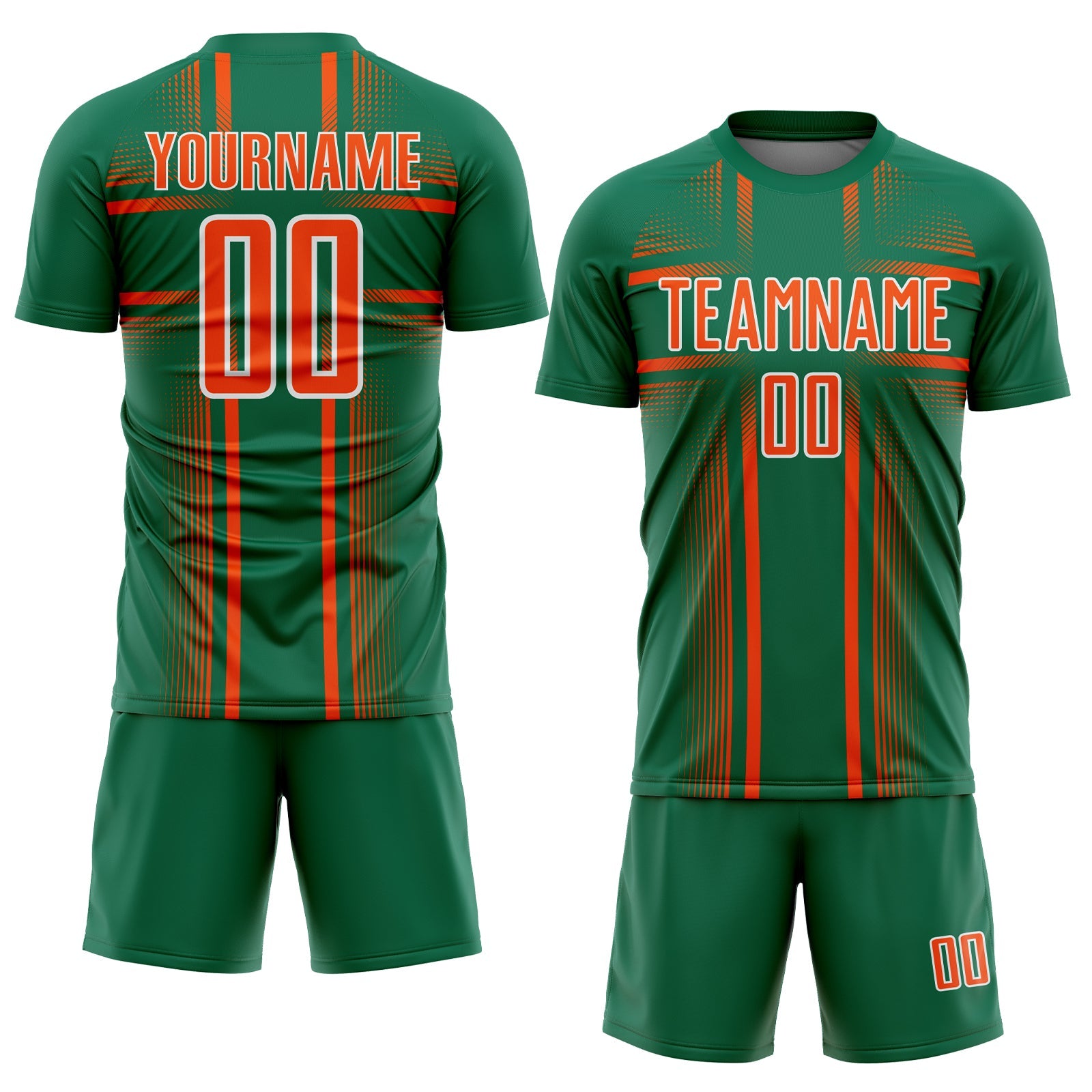 Custom Kelly Green Orange-White Lines Sublimation Soccer Uniform Jersey view 2
