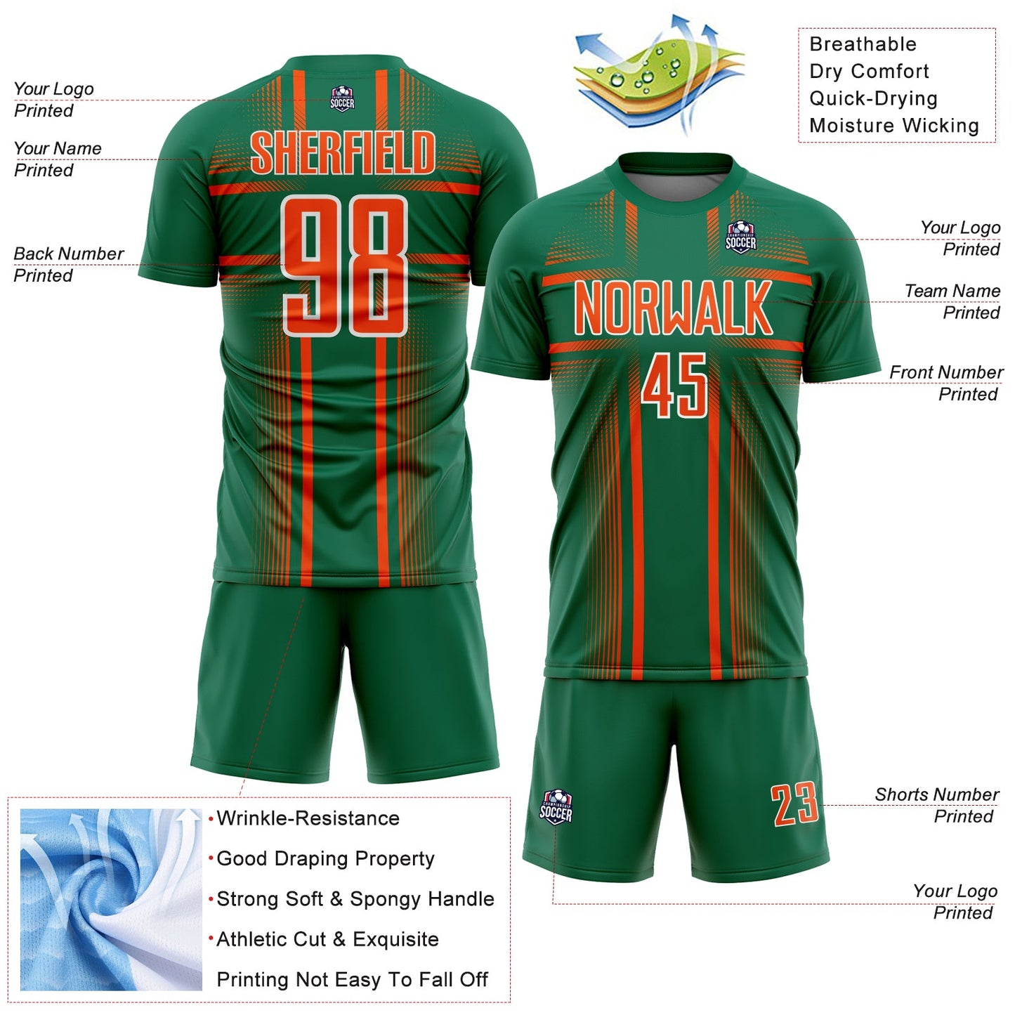 Custom Kelly Green Orange-White Lines Sublimation Soccer Uniform Jersey view 4