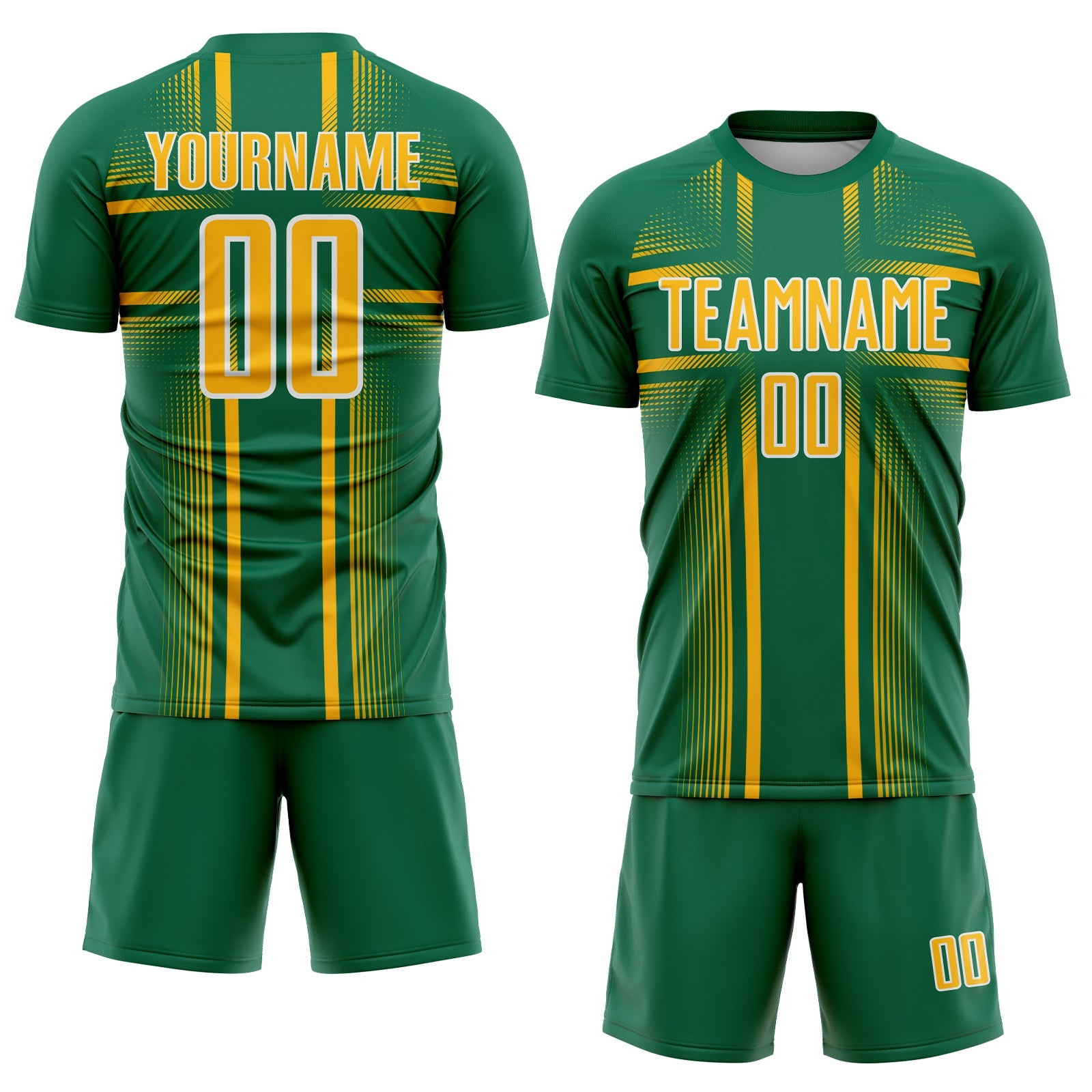 Custom Kelly Green Gold-White Lines Sublimation Soccer Uniform Jersey view 2