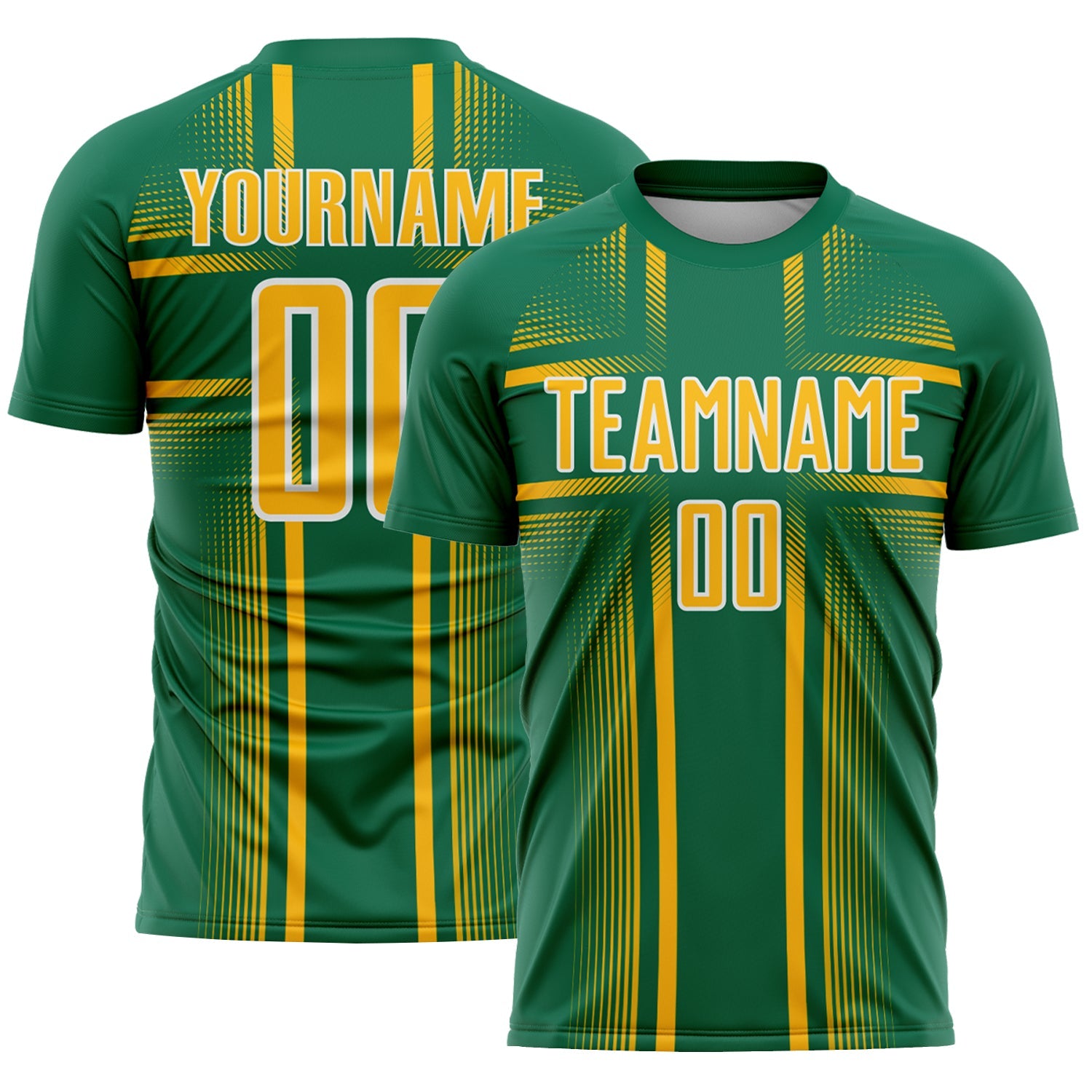 Custom Kelly Green Gold-White Lines Sublimation Soccer Uniform Jersey - Main View