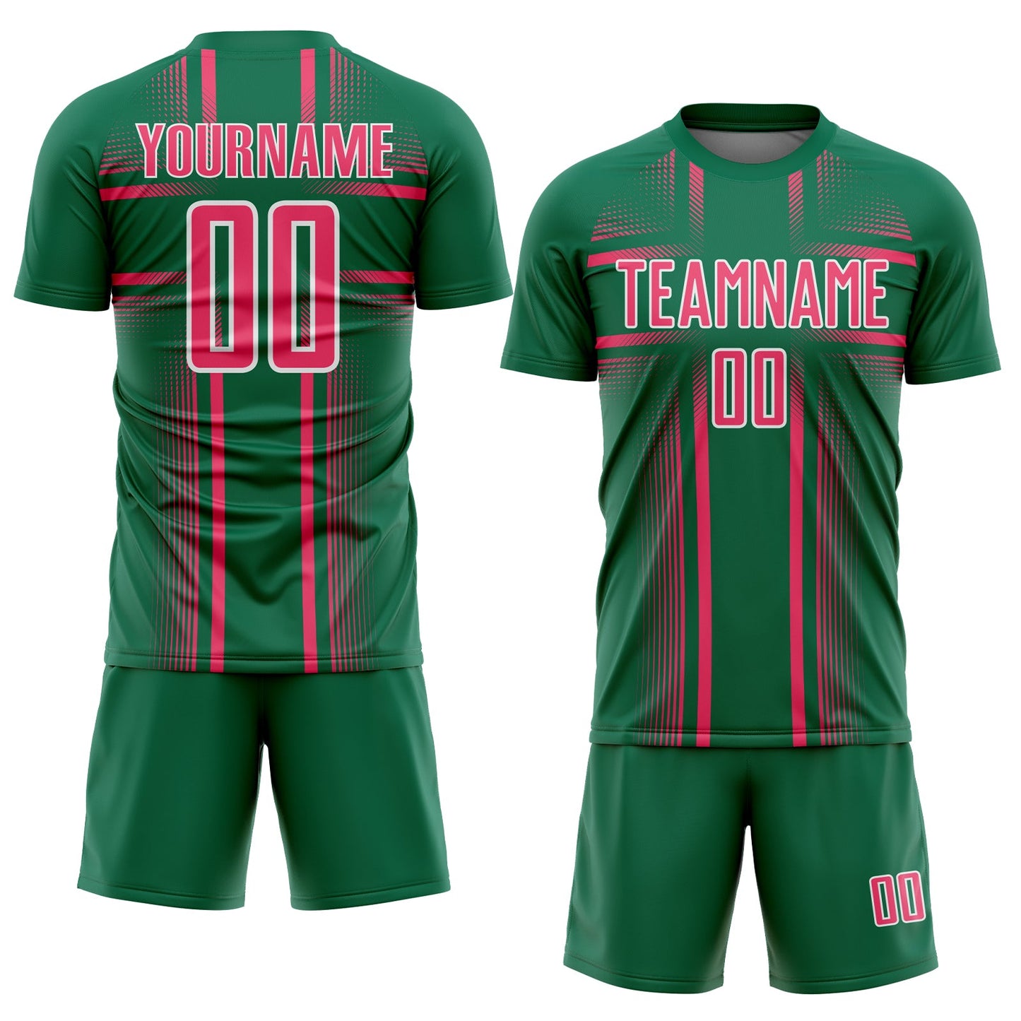 Custom Kelly Green Neon Pink-White Lines Sublimation Soccer Uniform Jersey view 2