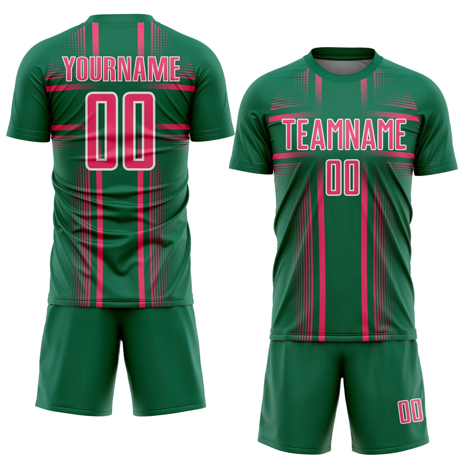 Custom Kelly Green Neon Pink-White Lines Sublimation Soccer Uniform Jersey view 2
