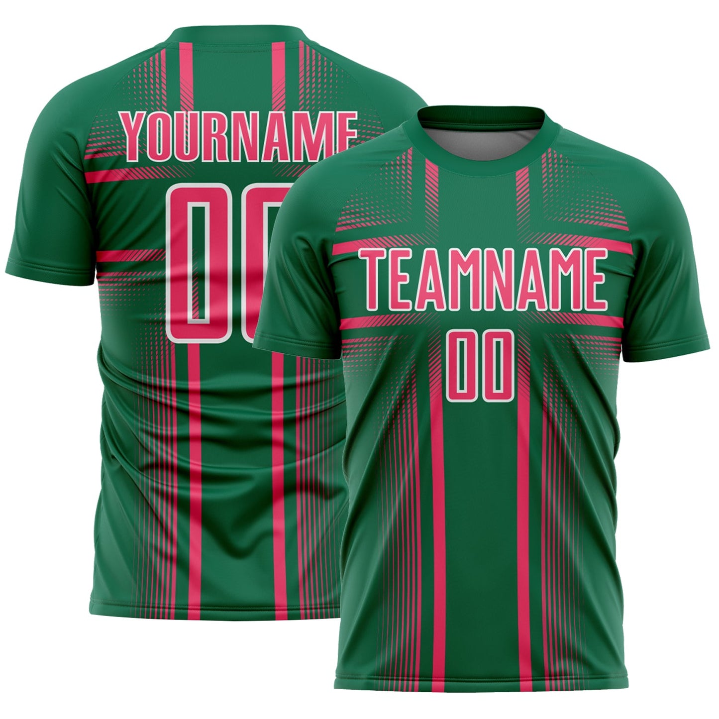 Custom Kelly Green Neon Pink-White Lines Sublimation Soccer Uniform Jersey - Main View