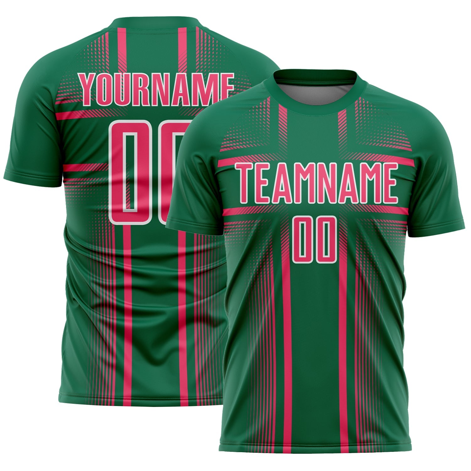 Custom Kelly Green Neon Pink-White Lines Sublimation Soccer Uniform Jersey - Main View