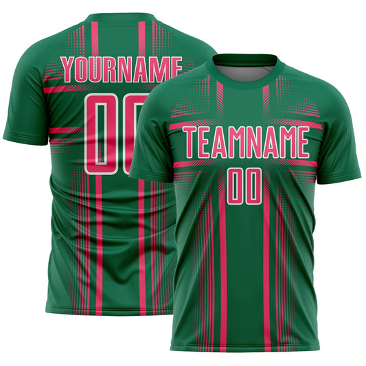 Custom Kelly Green Neon Pink-White Lines Sublimation Soccer Uniform Jersey - Main View