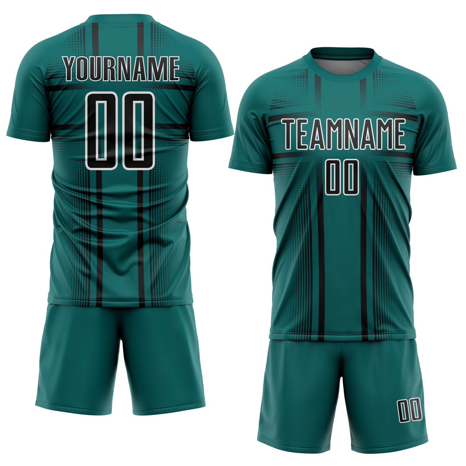 Custom Teal Black-White Lines Sublimation Soccer Uniform Jersey view 2